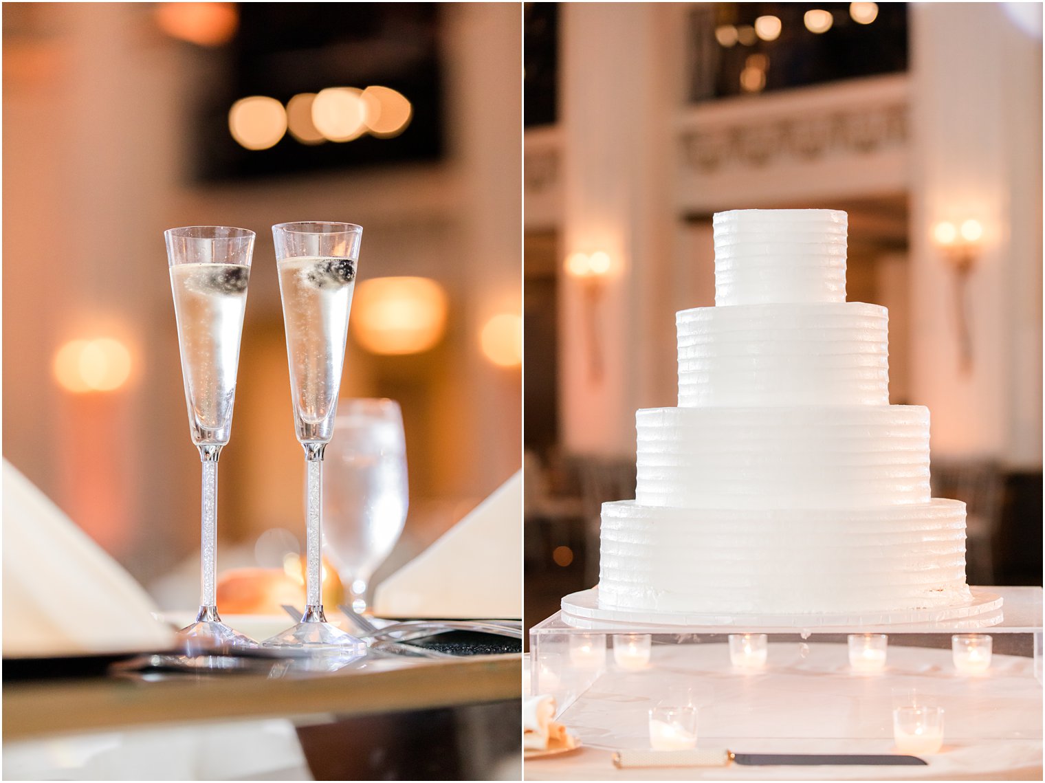 classic tiered wedding cake with white icing and champagne glasses