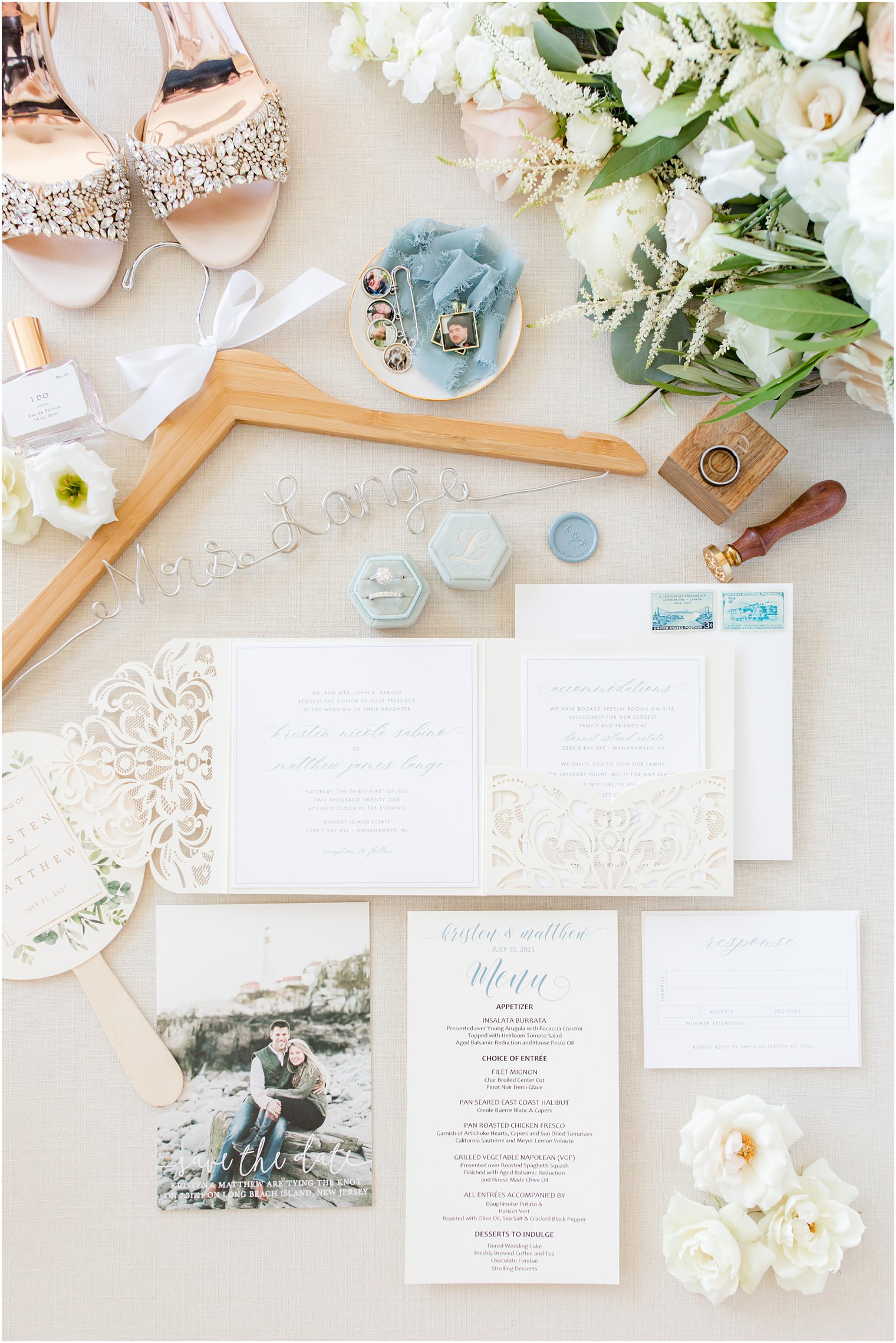 bride's details and invitation suite for classic Bonnet Island Estate wedding