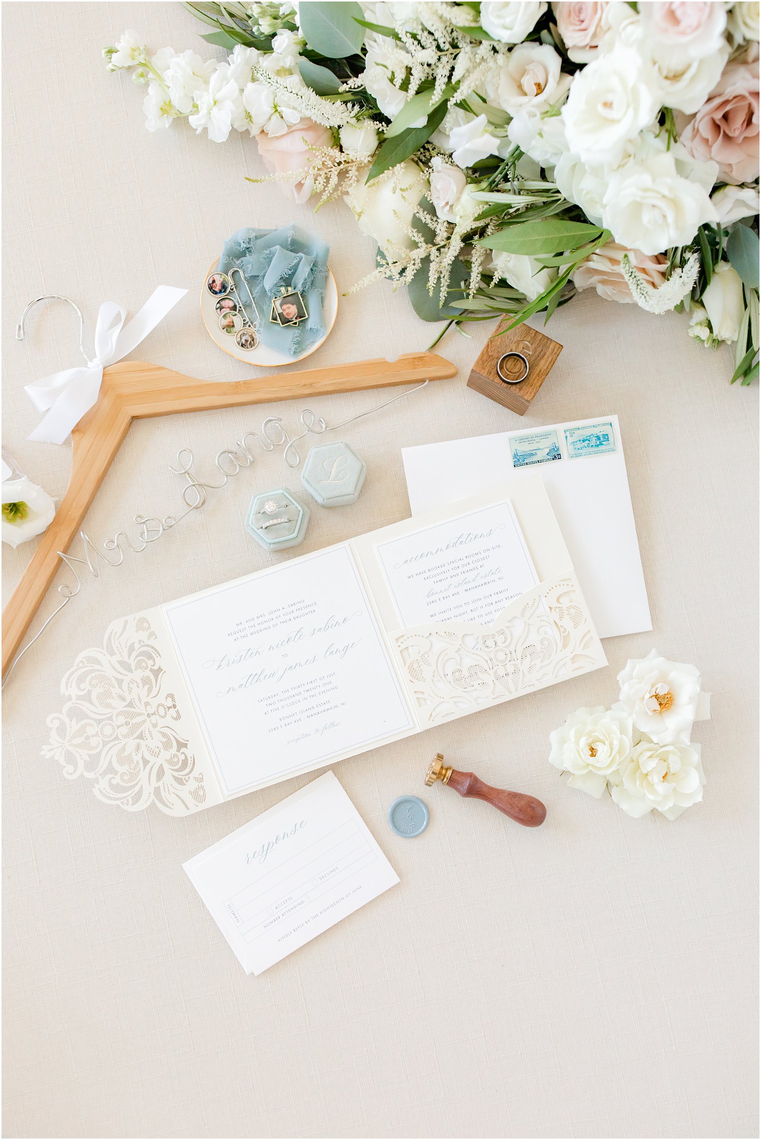 bride's details and lace detailed invitation suite