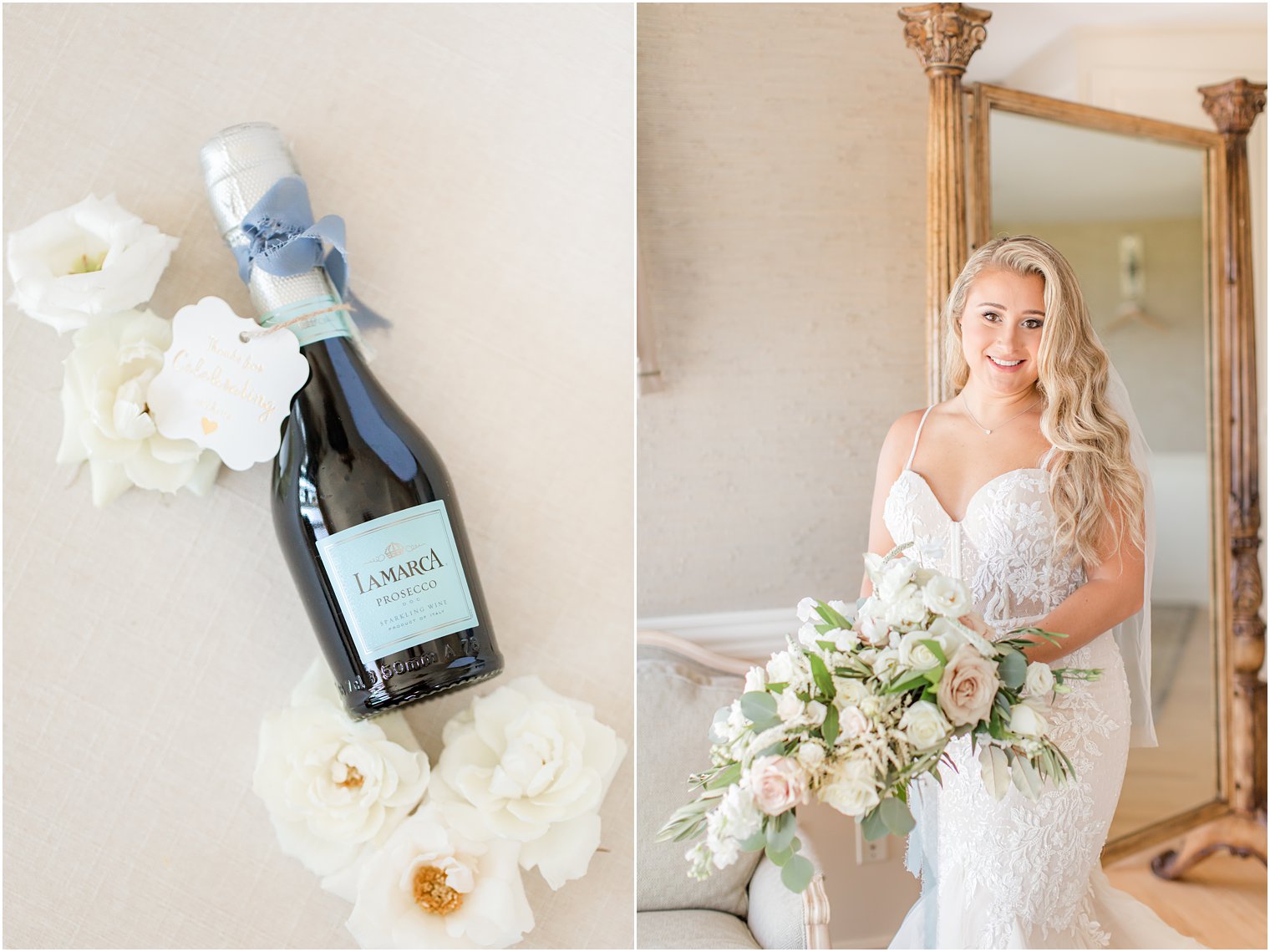 bride holds bouquet of white and pink roses in bridal suite