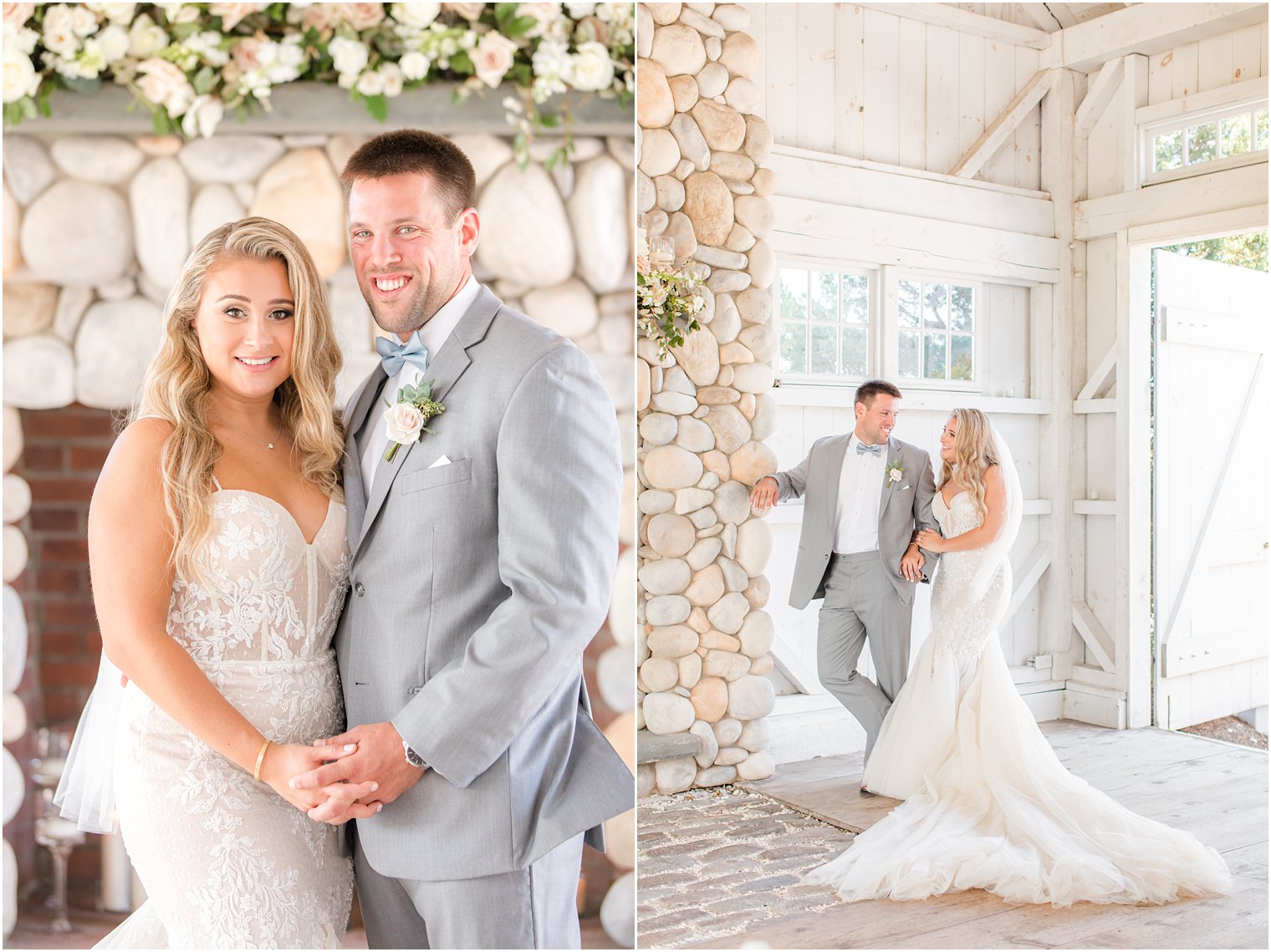 bride and groom pose by stone fireplace at Bonnet Island Estate