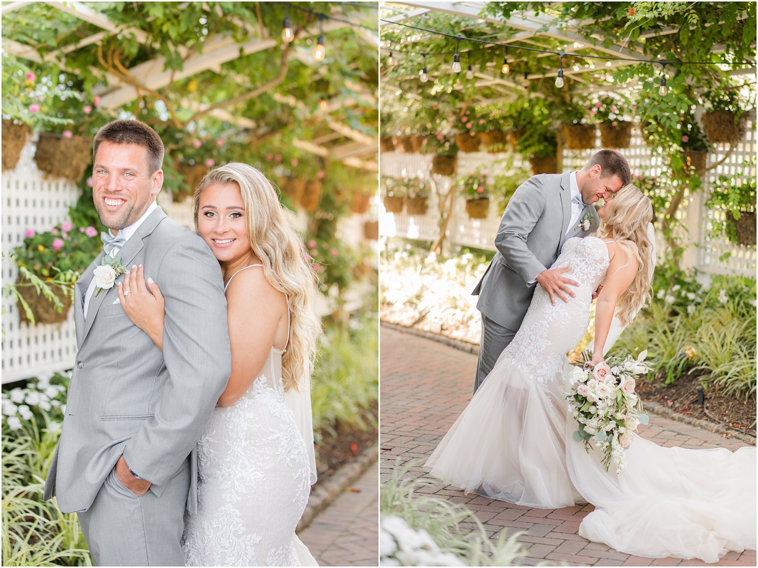 bride and groom pose in covered rose garden in New Jersey