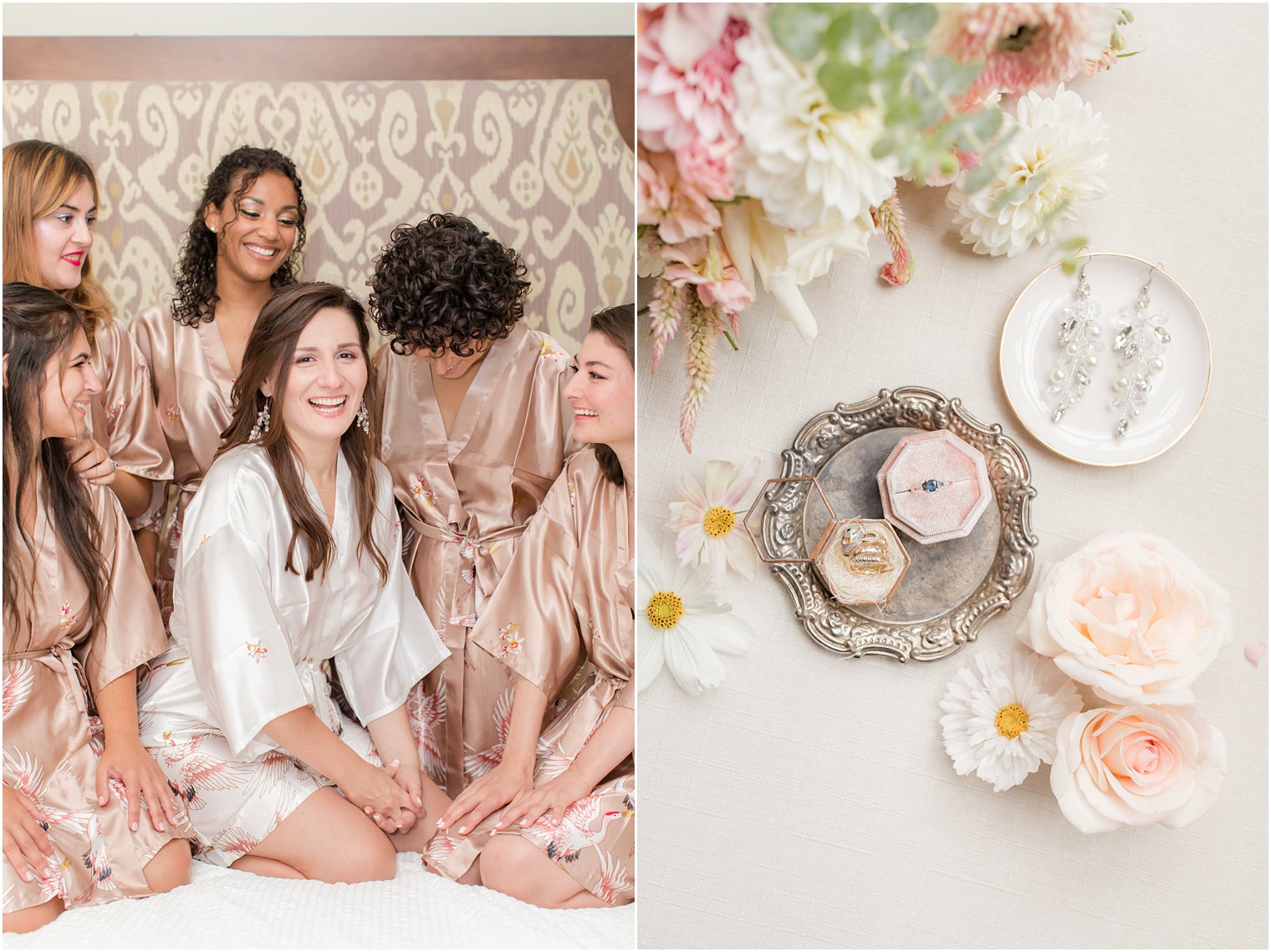 bride preps for Chauncey Hotel wedding with bridesmaids in rose gold robes