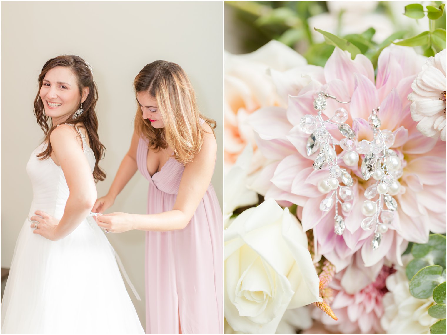 bridesmaid helps bride with ribbons on gown