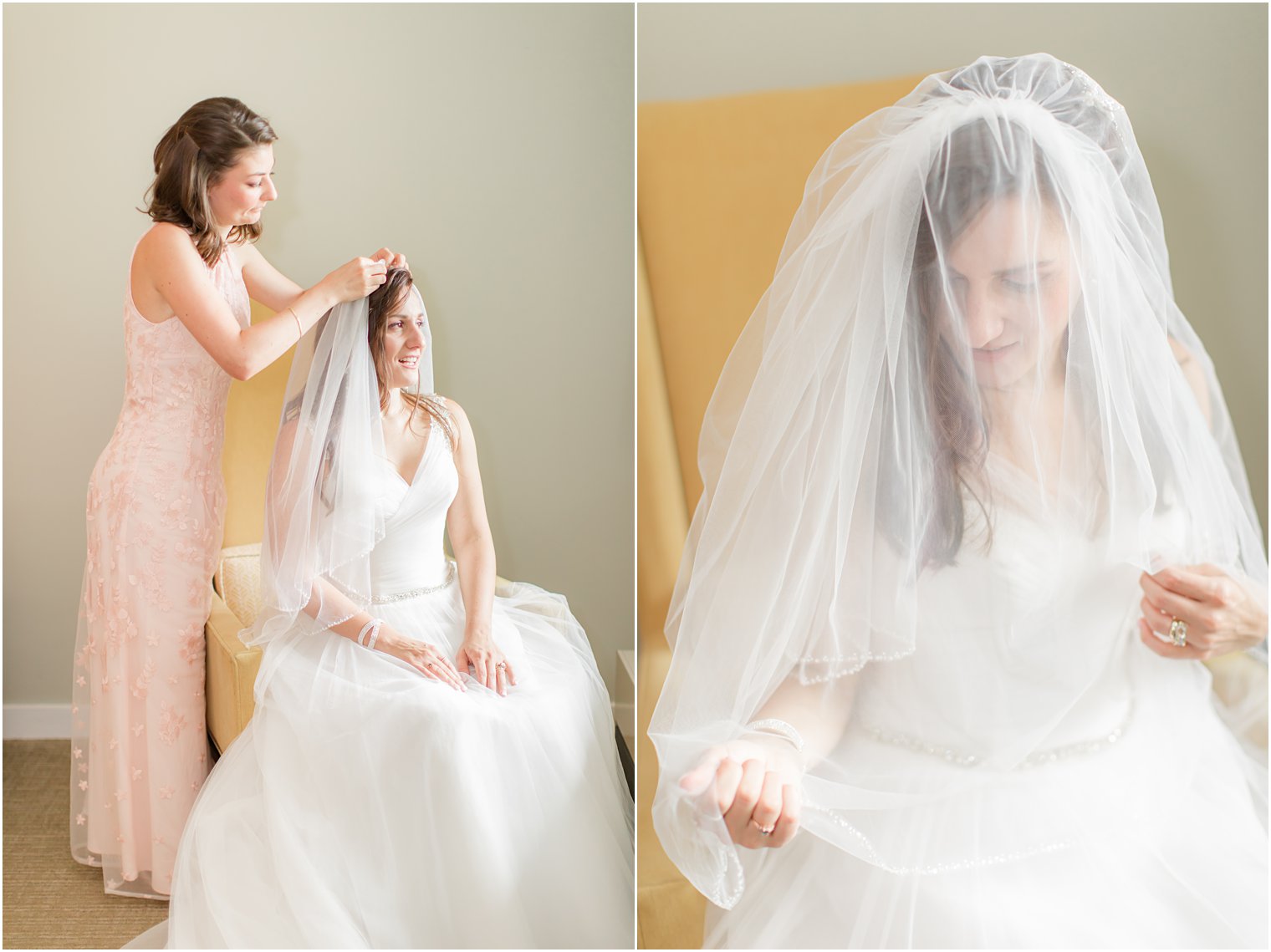bridesmaid helps bride with veil before NJ wedding