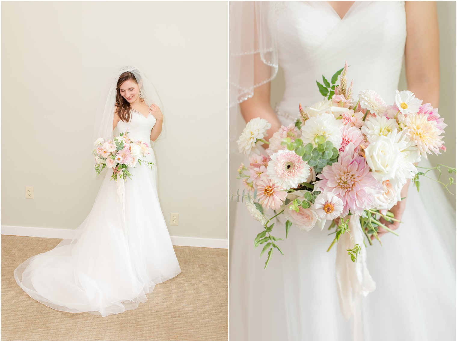 bride holds bouquet of pink and white wildflowers for Chauncey Hotel wedding