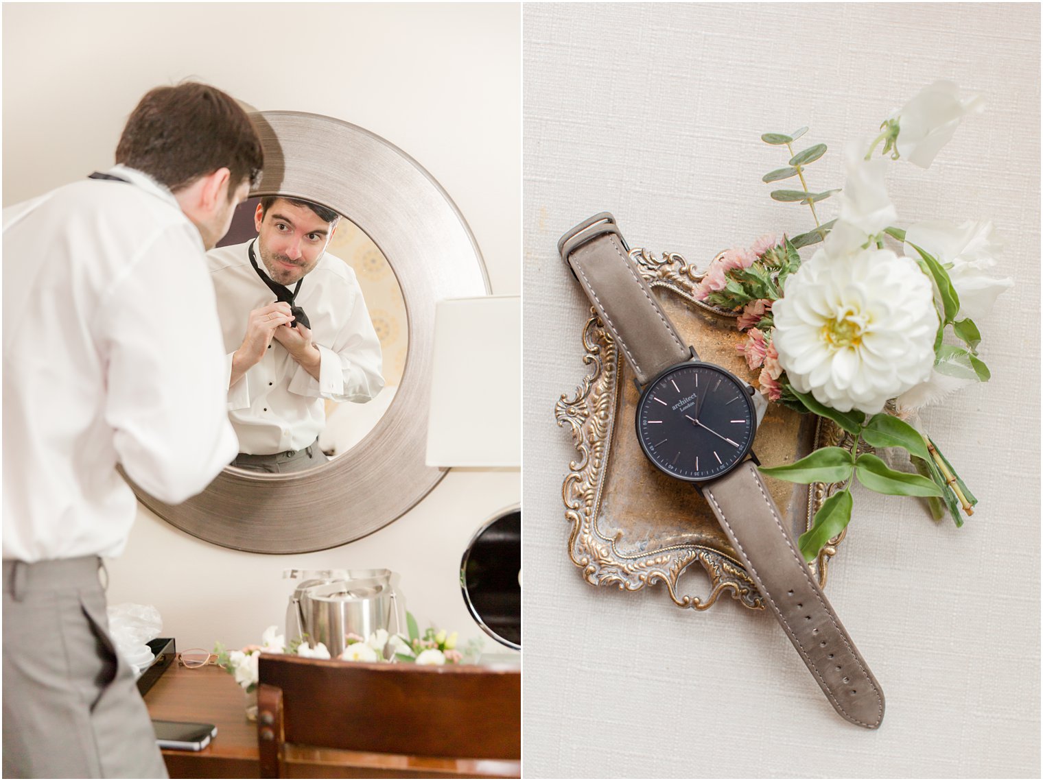 groom looks in mirror while preparing for NJ wedding