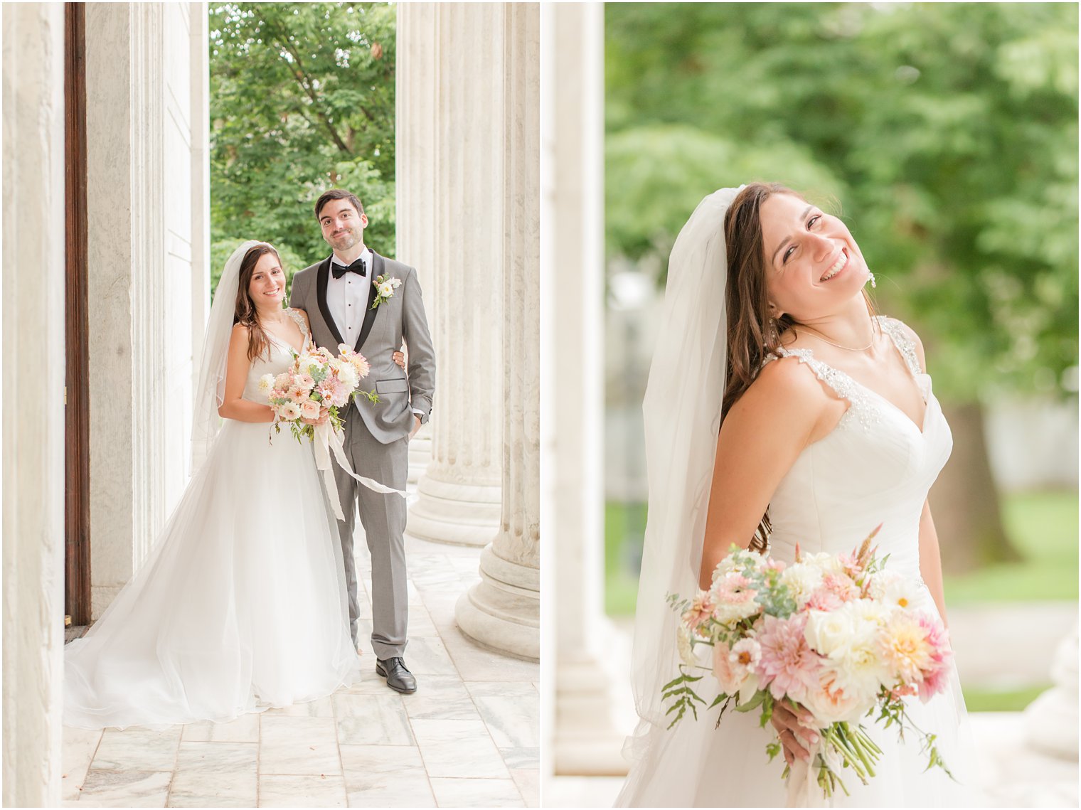 bride holds bouquet of pink wildflowers in Princeton NJ