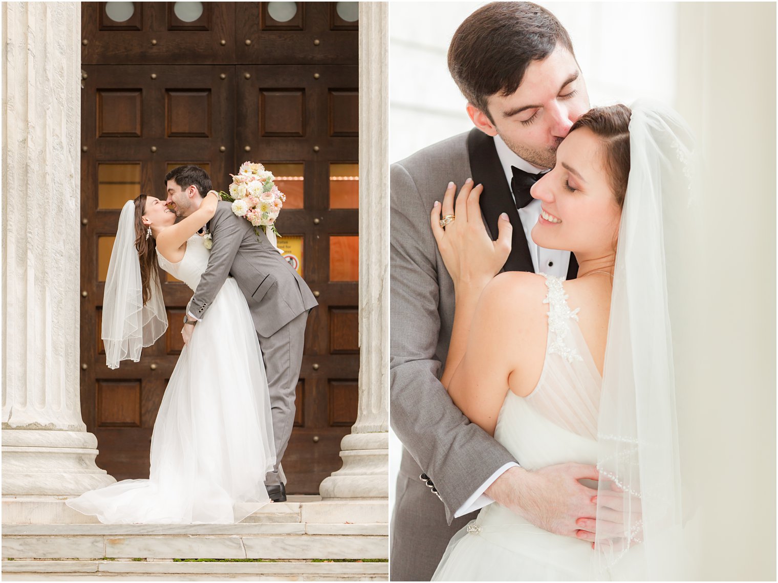 groom kisses bride by wooden doors at Princeton University building