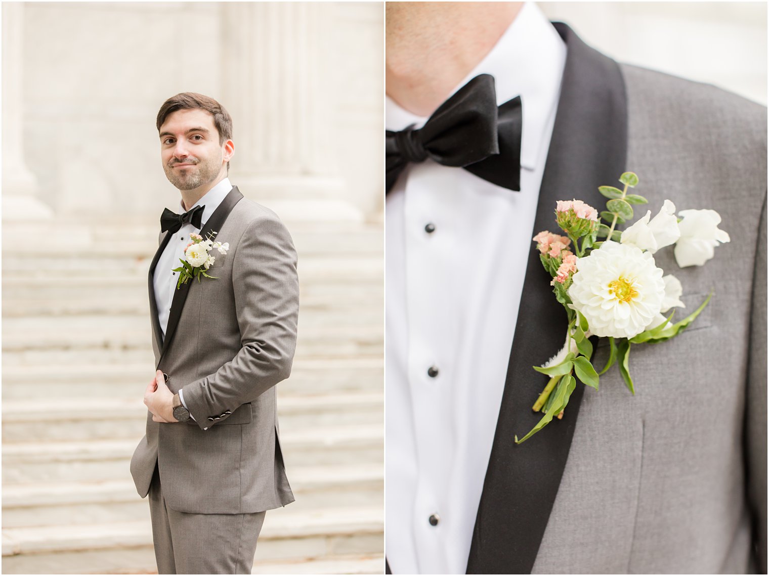 groom in grey suit with black lapel shows off wildflower boutonnière 