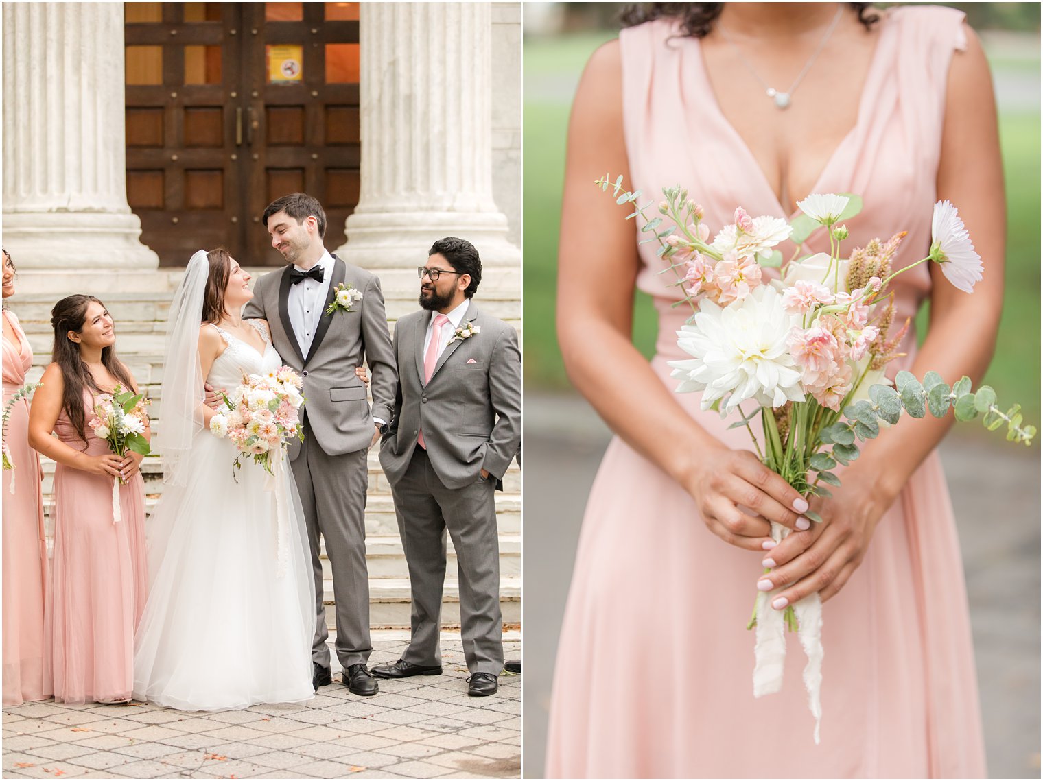 bridesmaids holds bouquet of wildflowers outside Princeton University