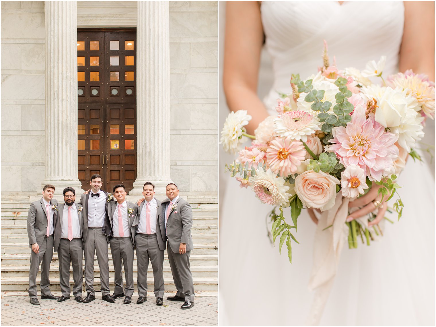 bride holds bouquet of pink and peach wildflowers while groomsmen pose in grey suits at Princeton University