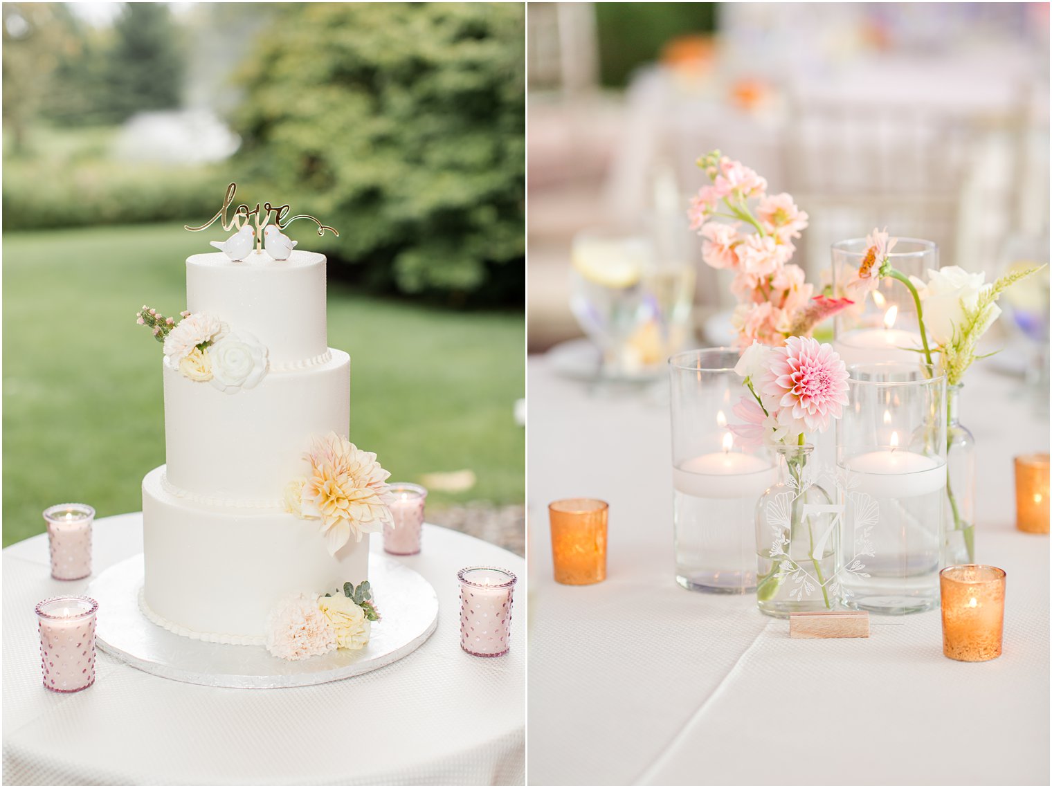 wedding cake and simple floral centerpieces for NJ wedding reception