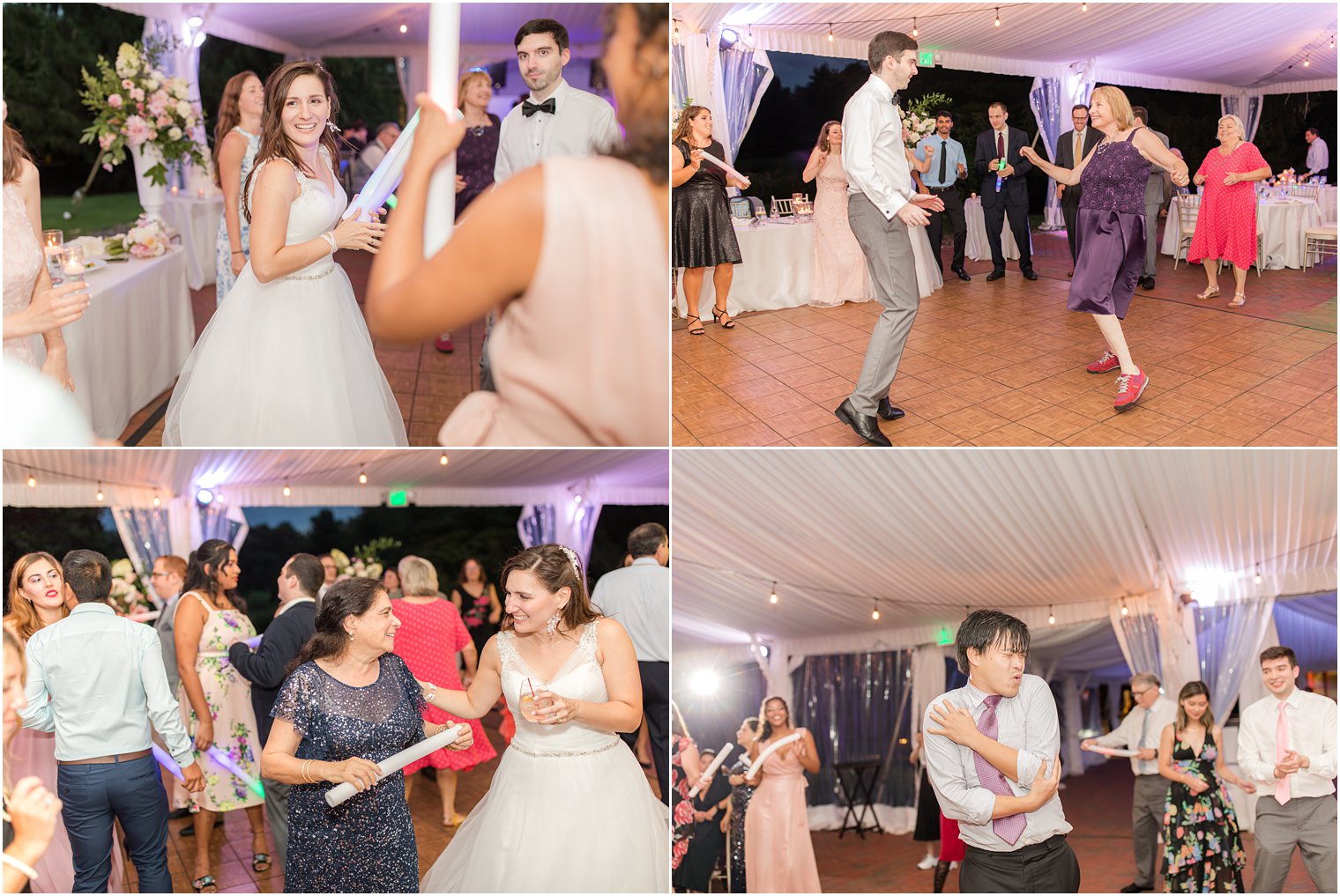 newlyweds dance with guests during tented NJ wedding reception