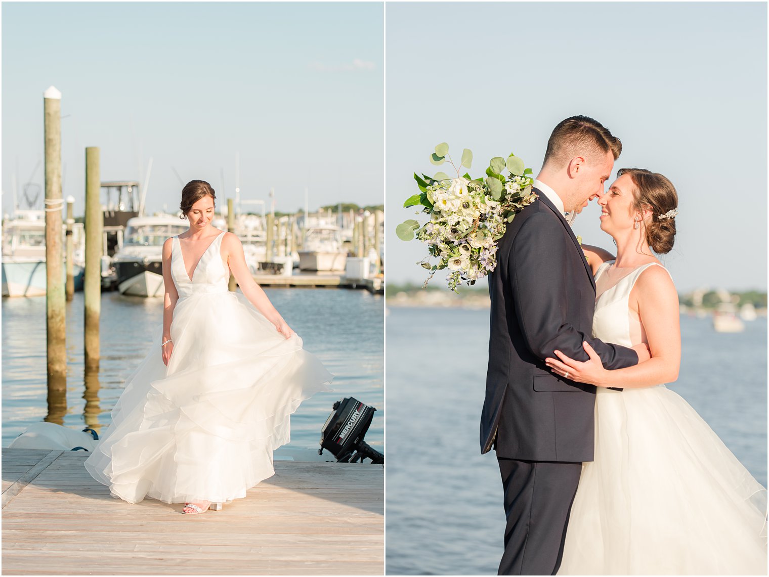 bride twirls in wedding gown on dock in Point Pleasant NJ