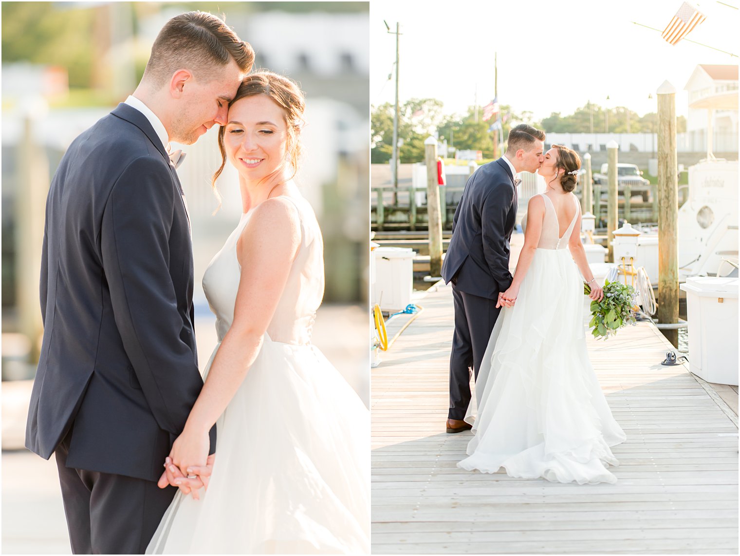 bride and groom hold hands walking on dock at Crystal Point Yacht Club