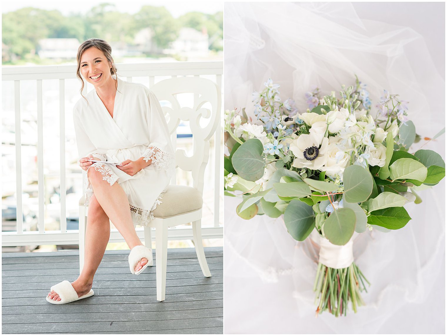 bride prepares for New Jersey wedding on balcony of Crystal Point Yacht Club