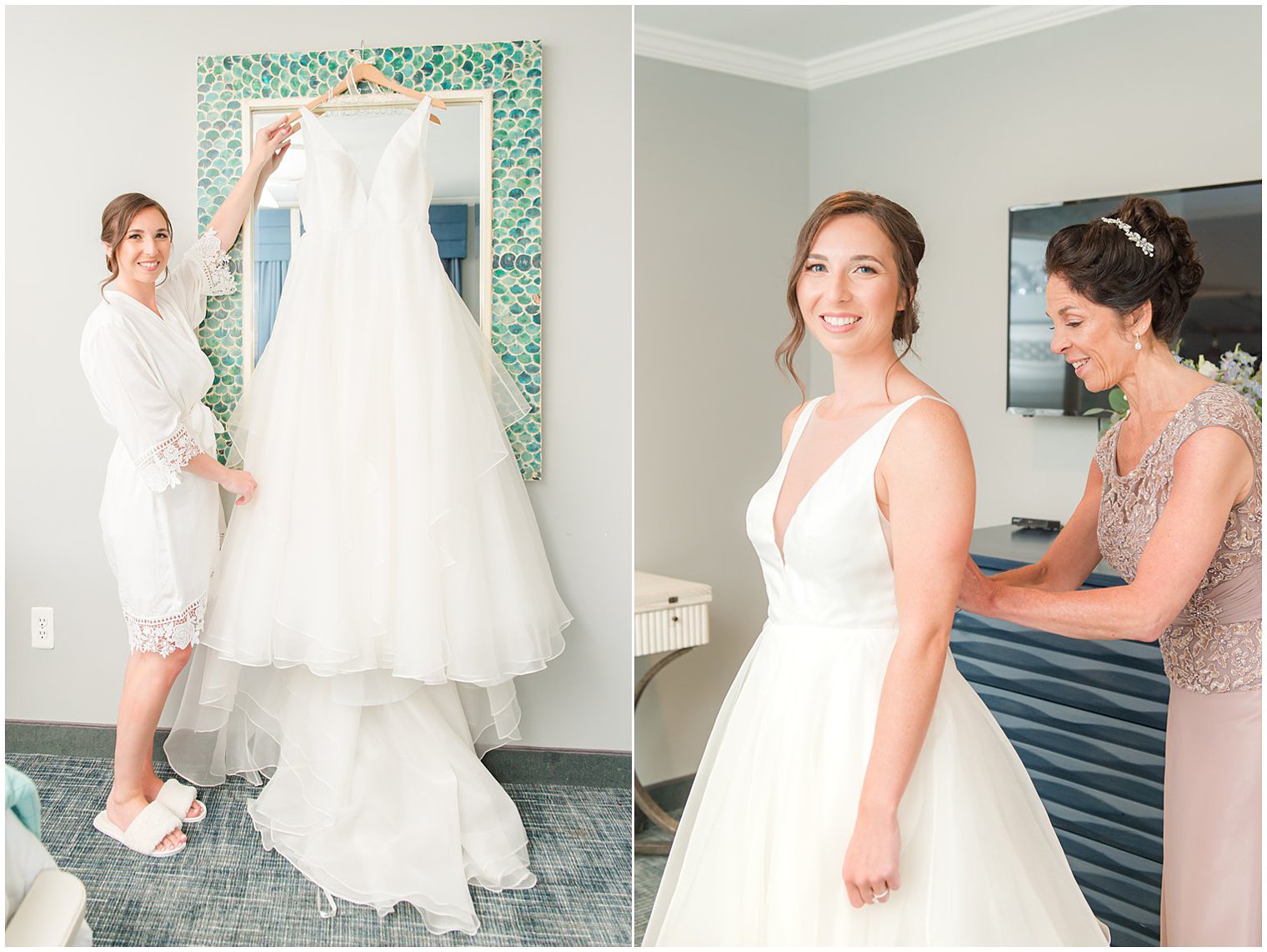 mother helps bride with wedding dress before Crystal Point Yacht Club wedding
