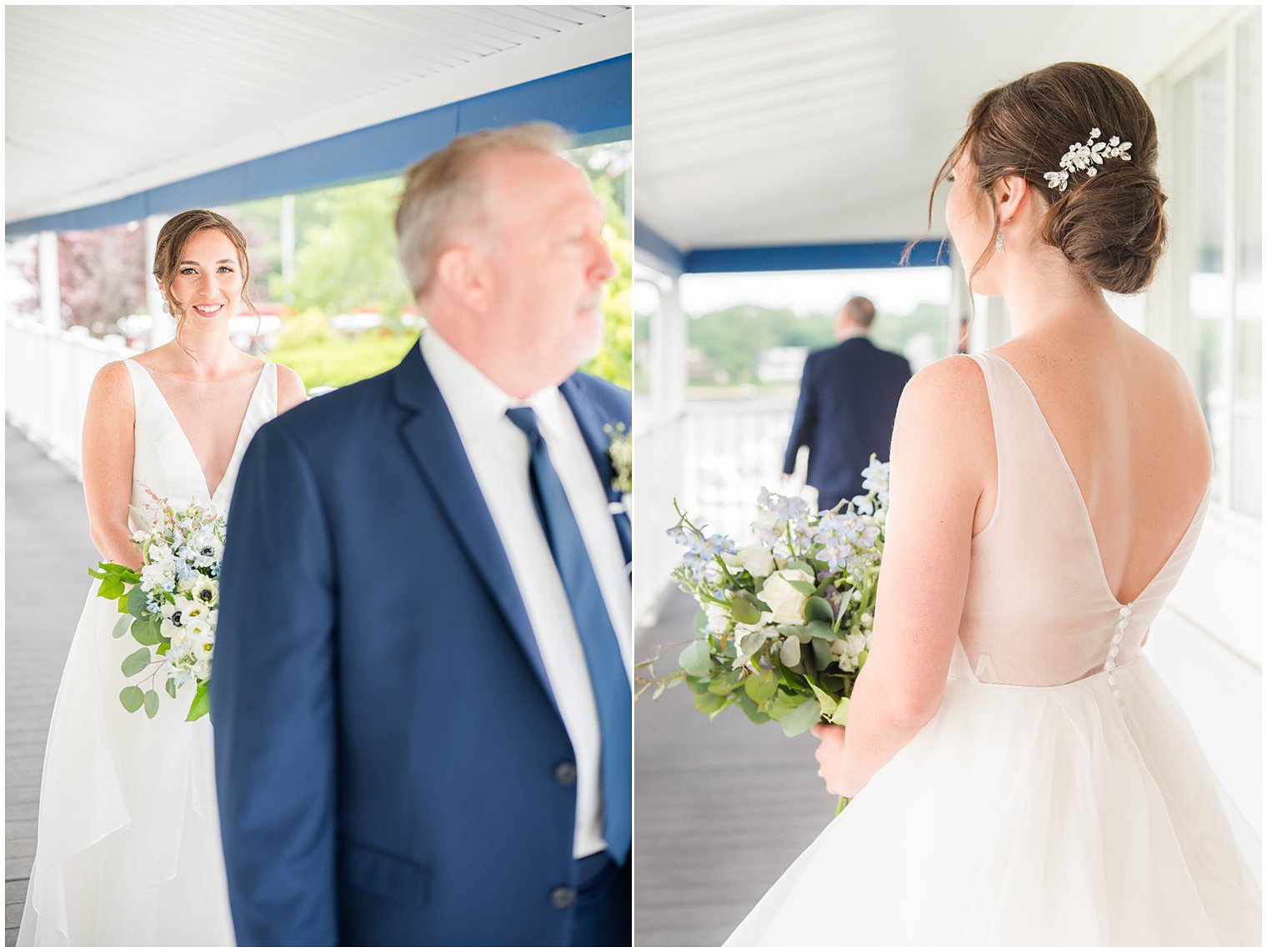 bride approaches dad for first look on balcony of Crystal Point Yacht Club