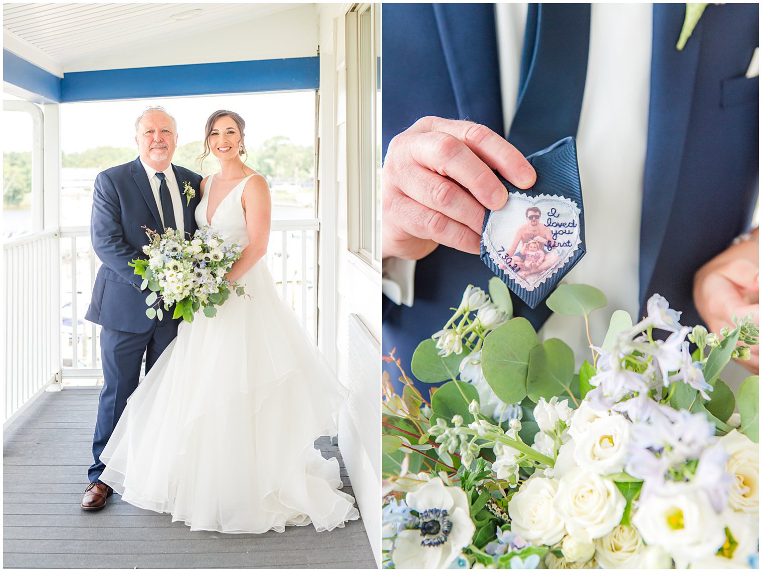 bride and dad pose on balcony at Crystal Point Yacht Club