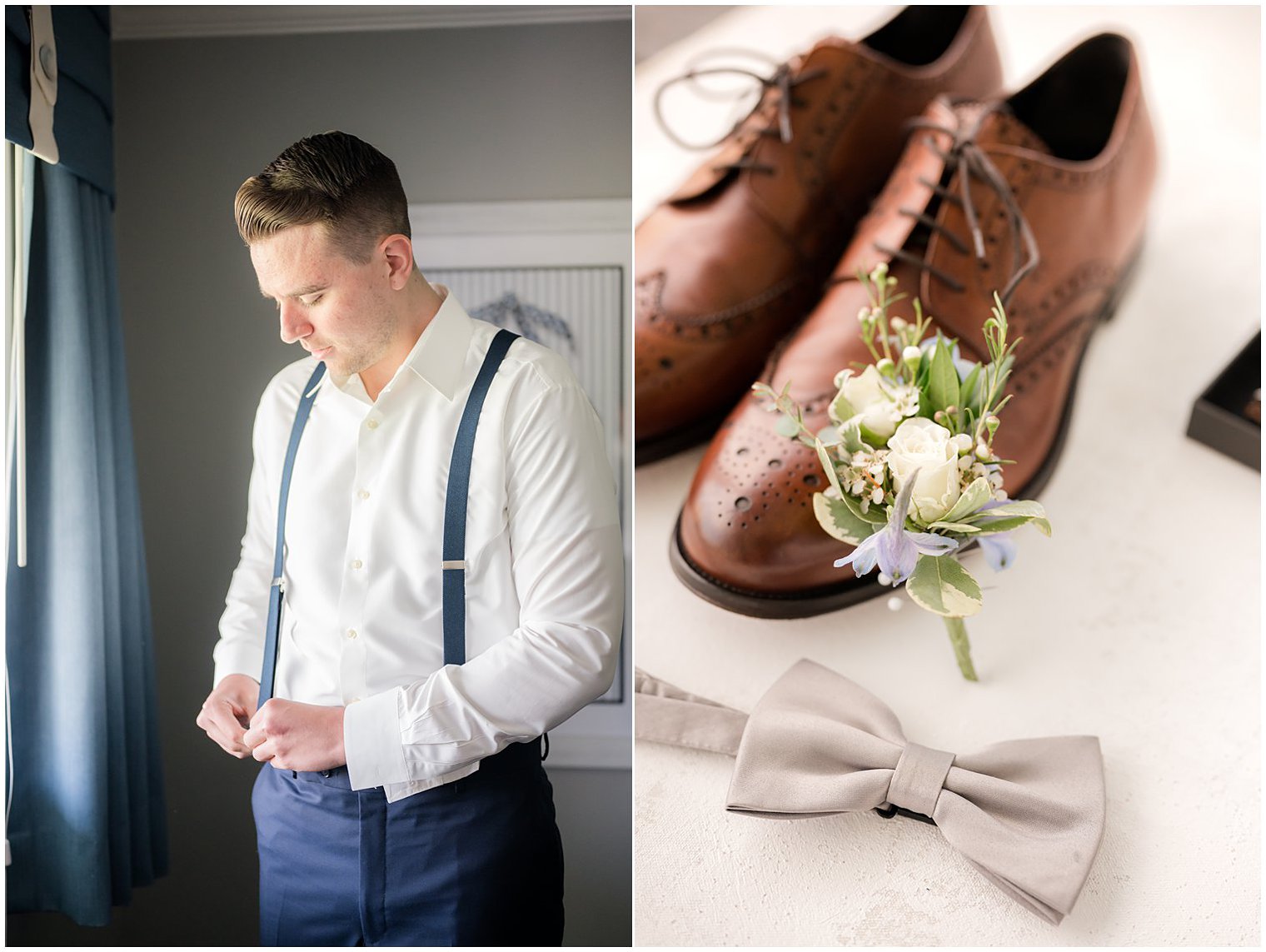 groom prepares for NJ wedding day at Crystal Point Yacht Club