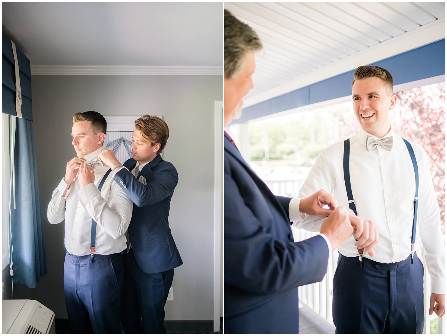 groomsman helps groom prepare for NJ wedding day