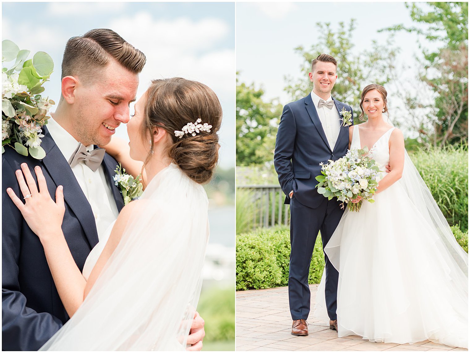 newlyweds pose along waterfront at Crystal Point Yacht Club