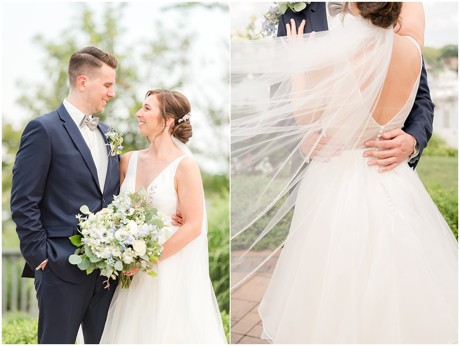 bride and groom smile at each other with veil floating in air