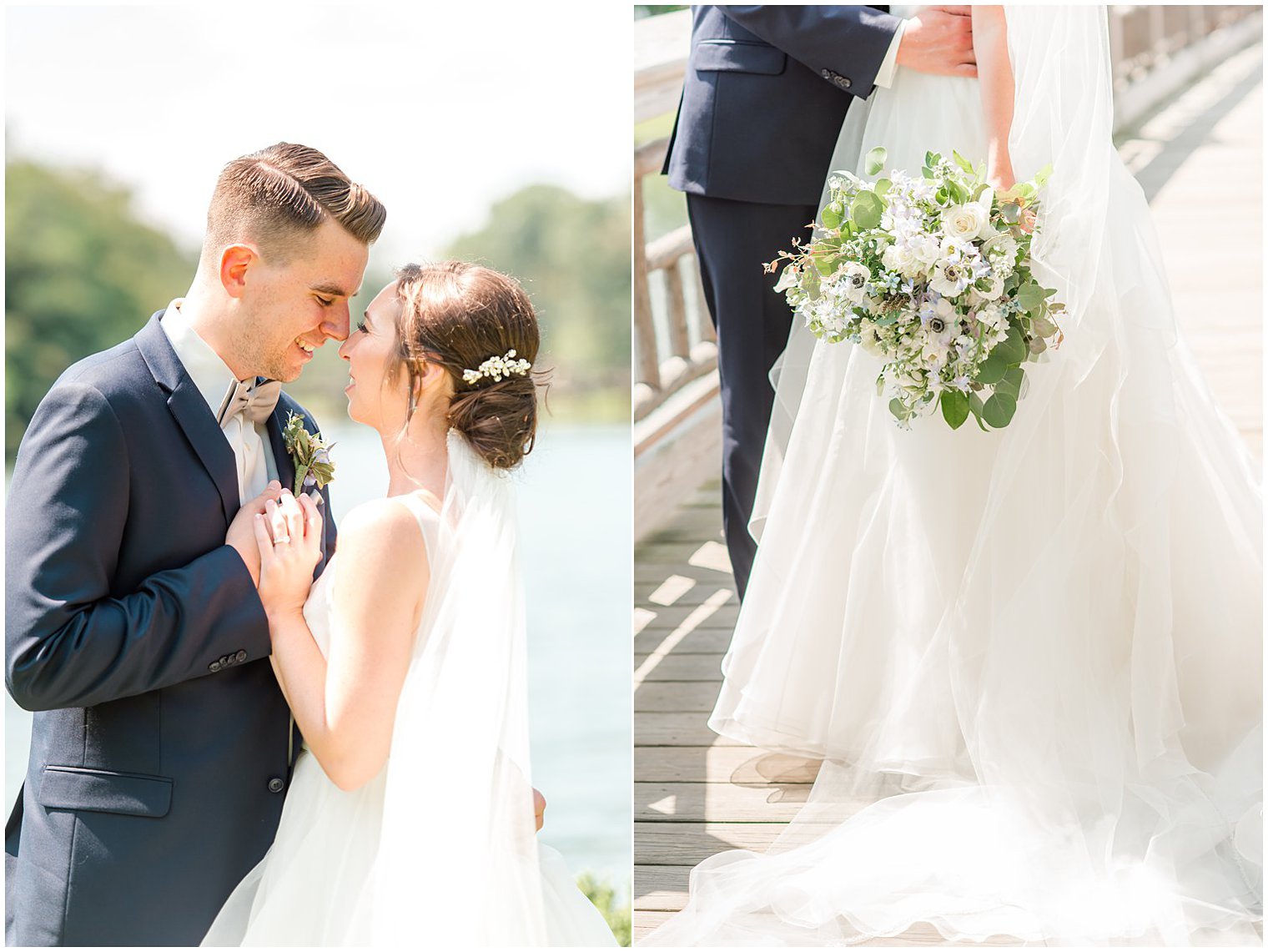 bride and groom stand on edge of footbridge in NJ