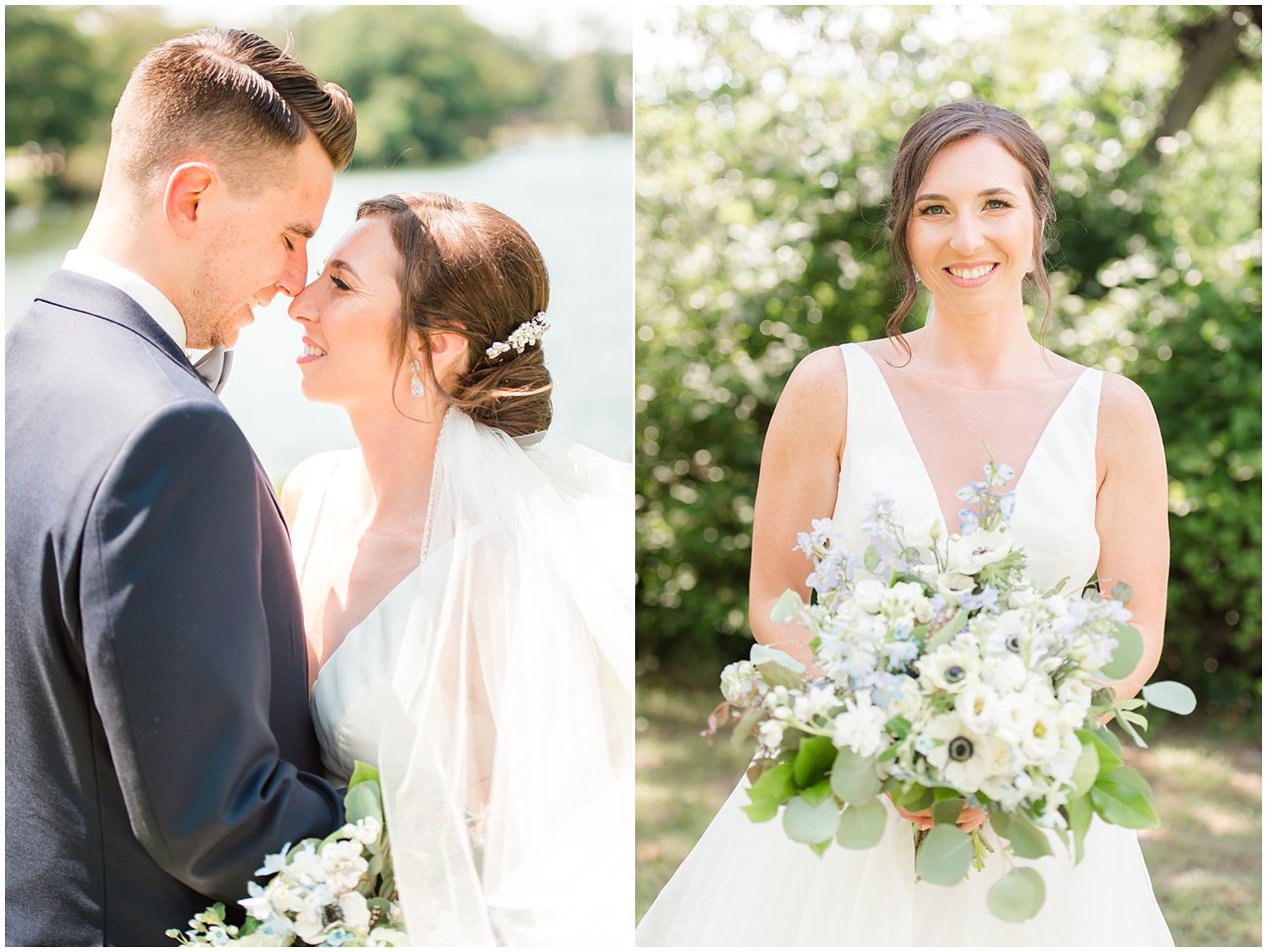 bride and groom stand touching noses by lake in New Jersey