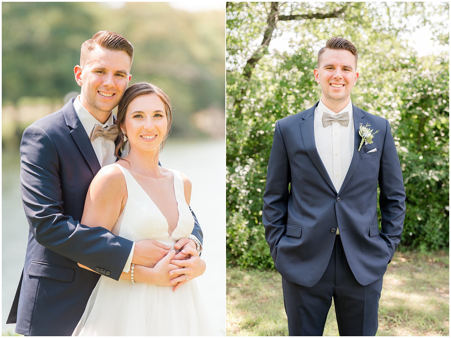 groom hugs bride from behind during NJ wedding photos at Crystal Point Yacht Club