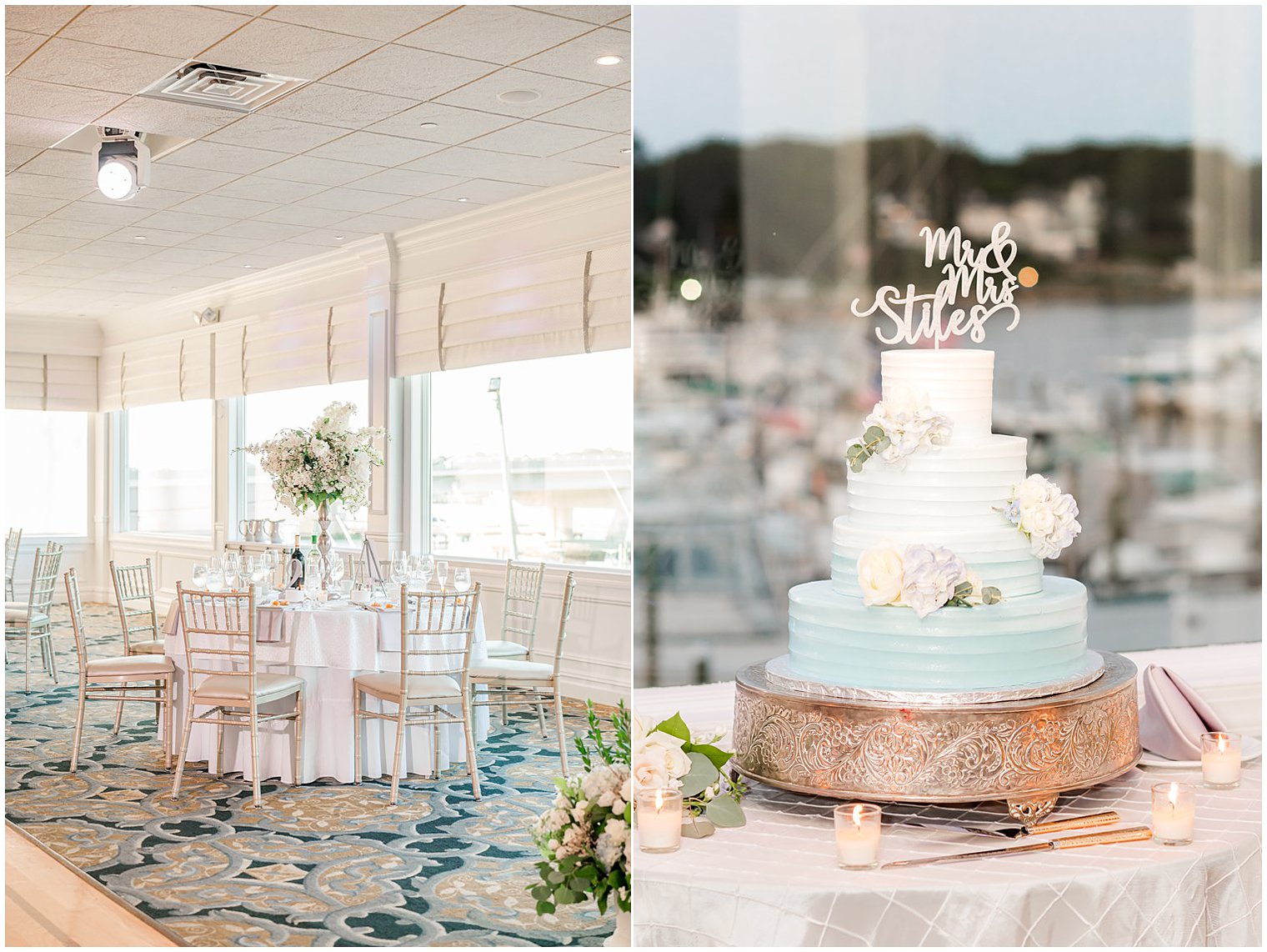 wedding cake with ombre blue icing and tables at reception in Point Pleasant NJ