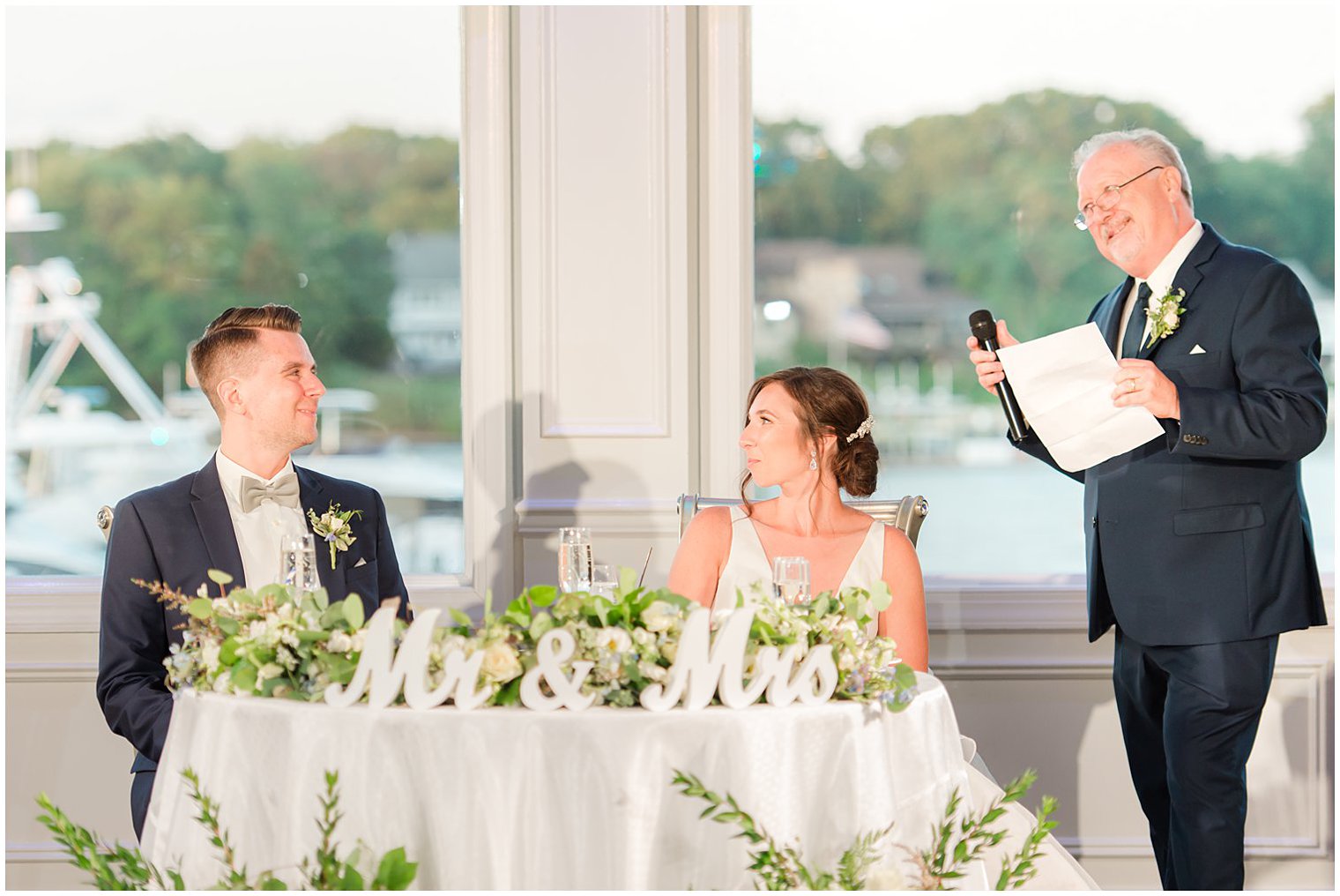 father of bride gives welcome speech during NJ wedding reception