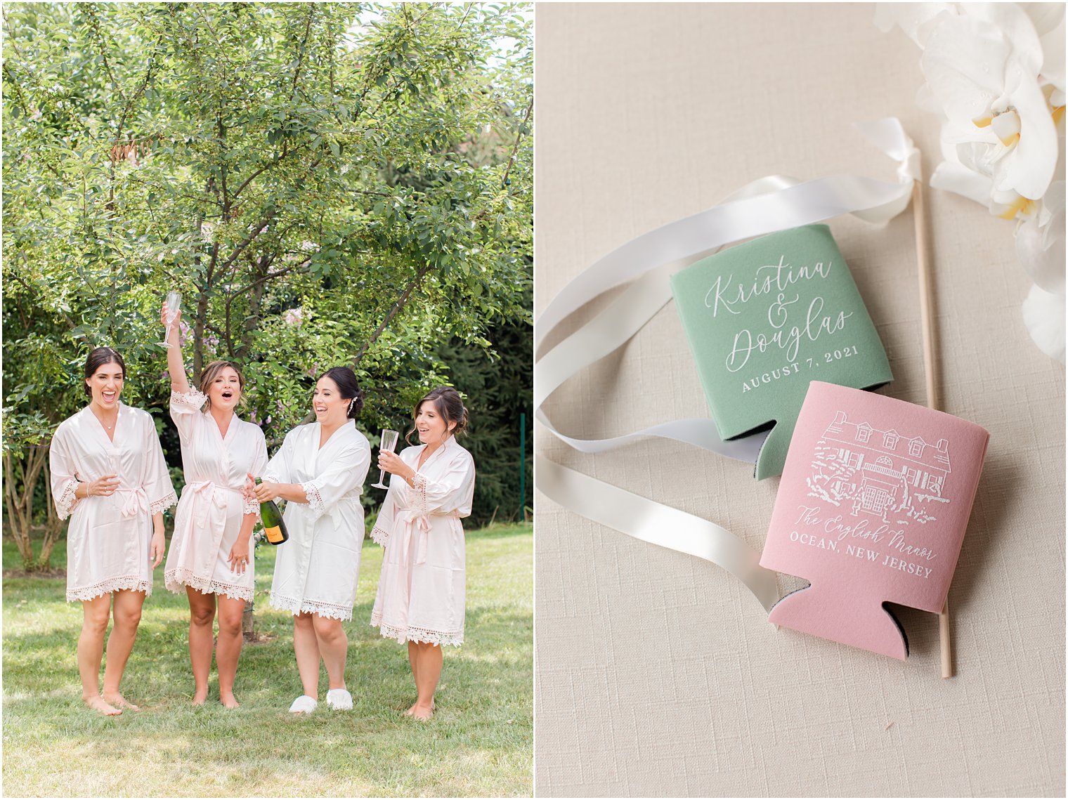 bride and bridesmaids pop champagne before NJ wedding