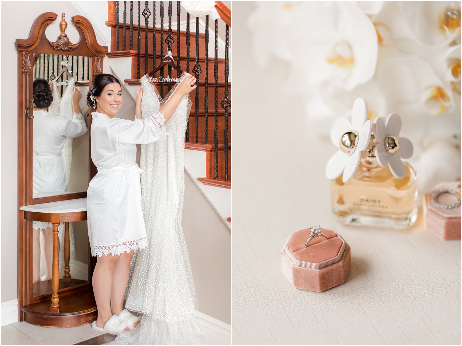 bride looks at wedding dress before Red Bank NJ wedding