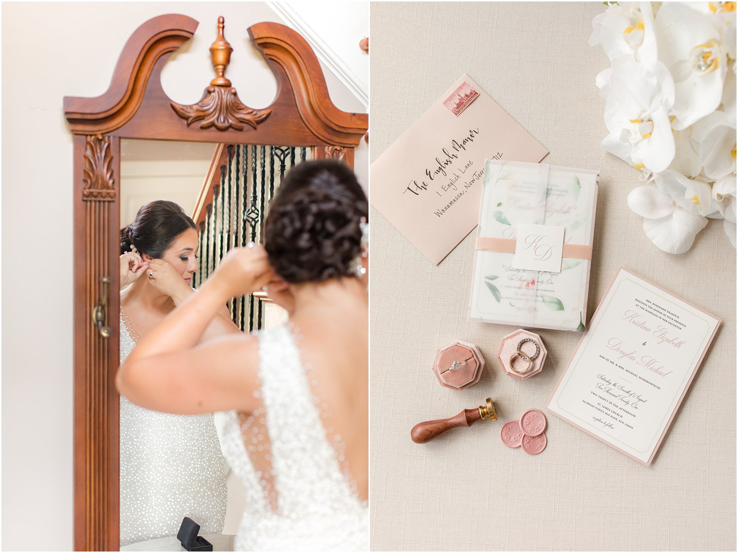 bride puts on earrings during wedding day prep