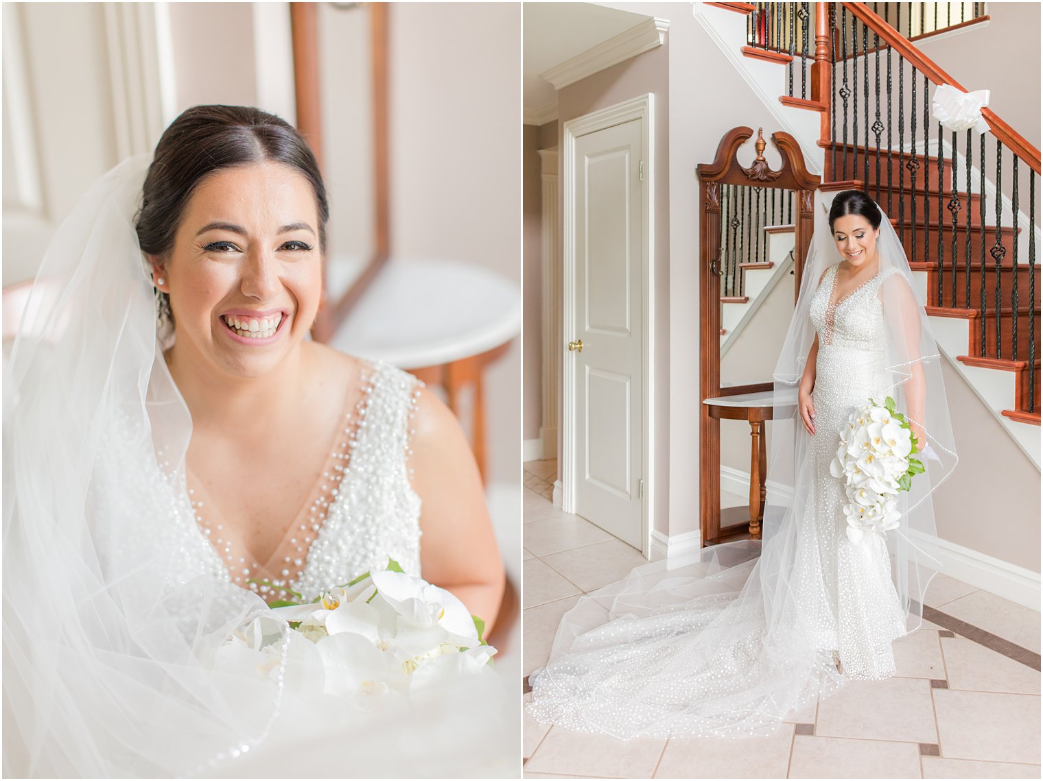bride holds bouquet of white flowers by staircase
