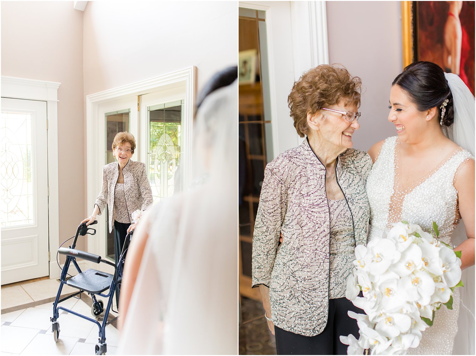 grandmother sees bride for the first time in wedding dress