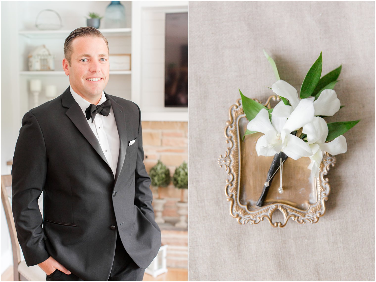groom in classic tux poses at home