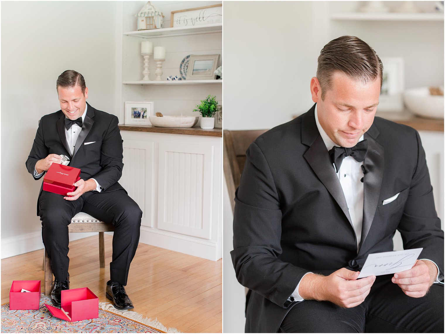 groom opens gift from bride on wedding day