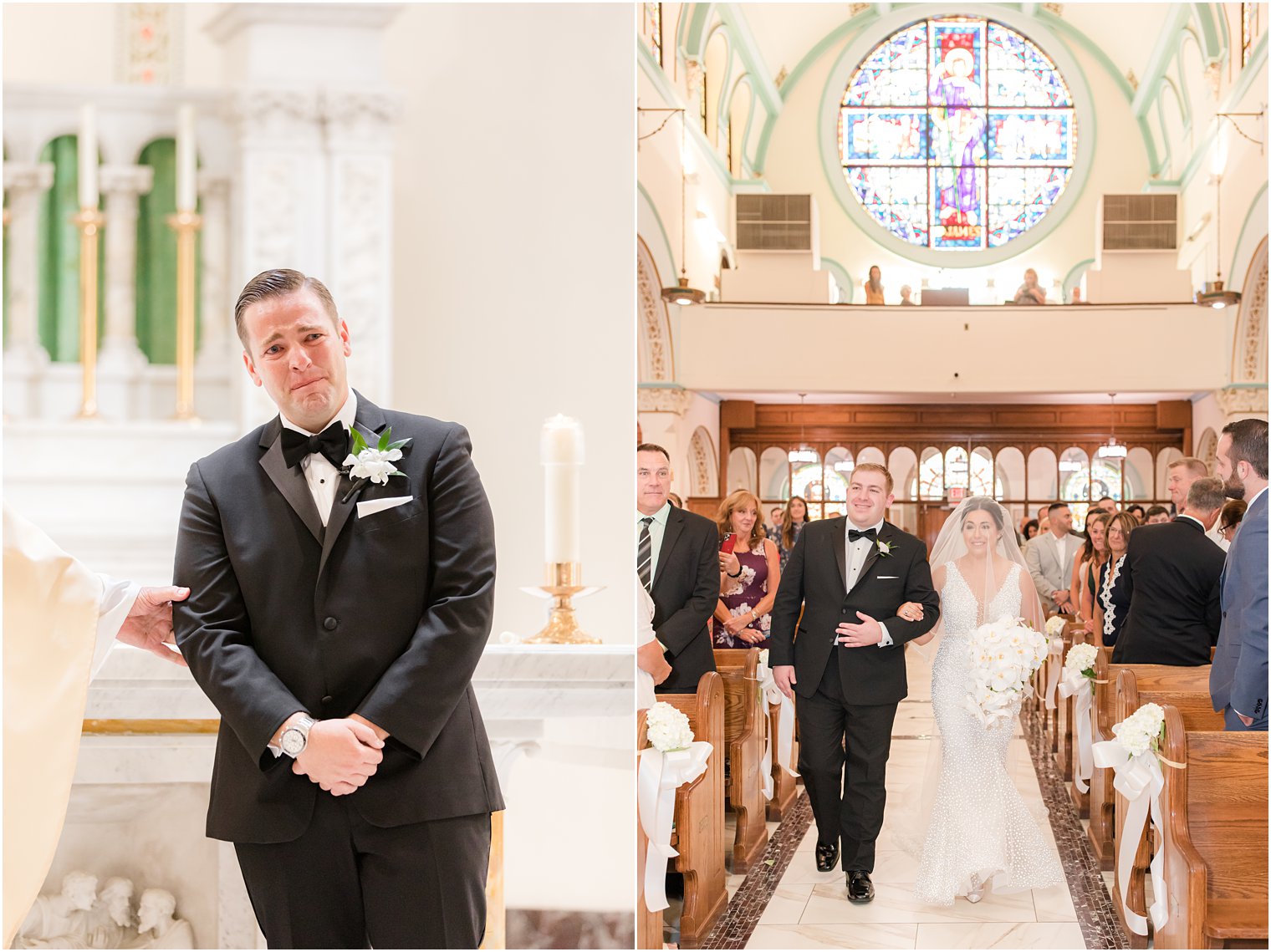 groom cries watching bride enter traditional St. James Church wedding ceremony in Red Bank NJ