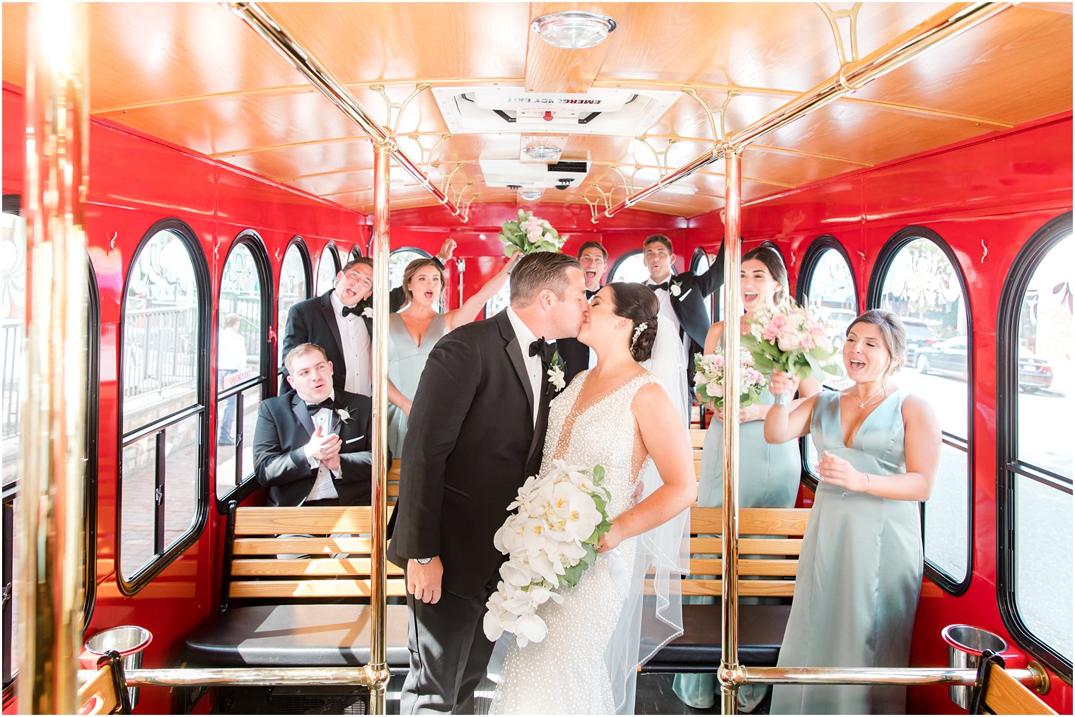 newlyweds kiss on Long Branch Trolley in New Jersey 