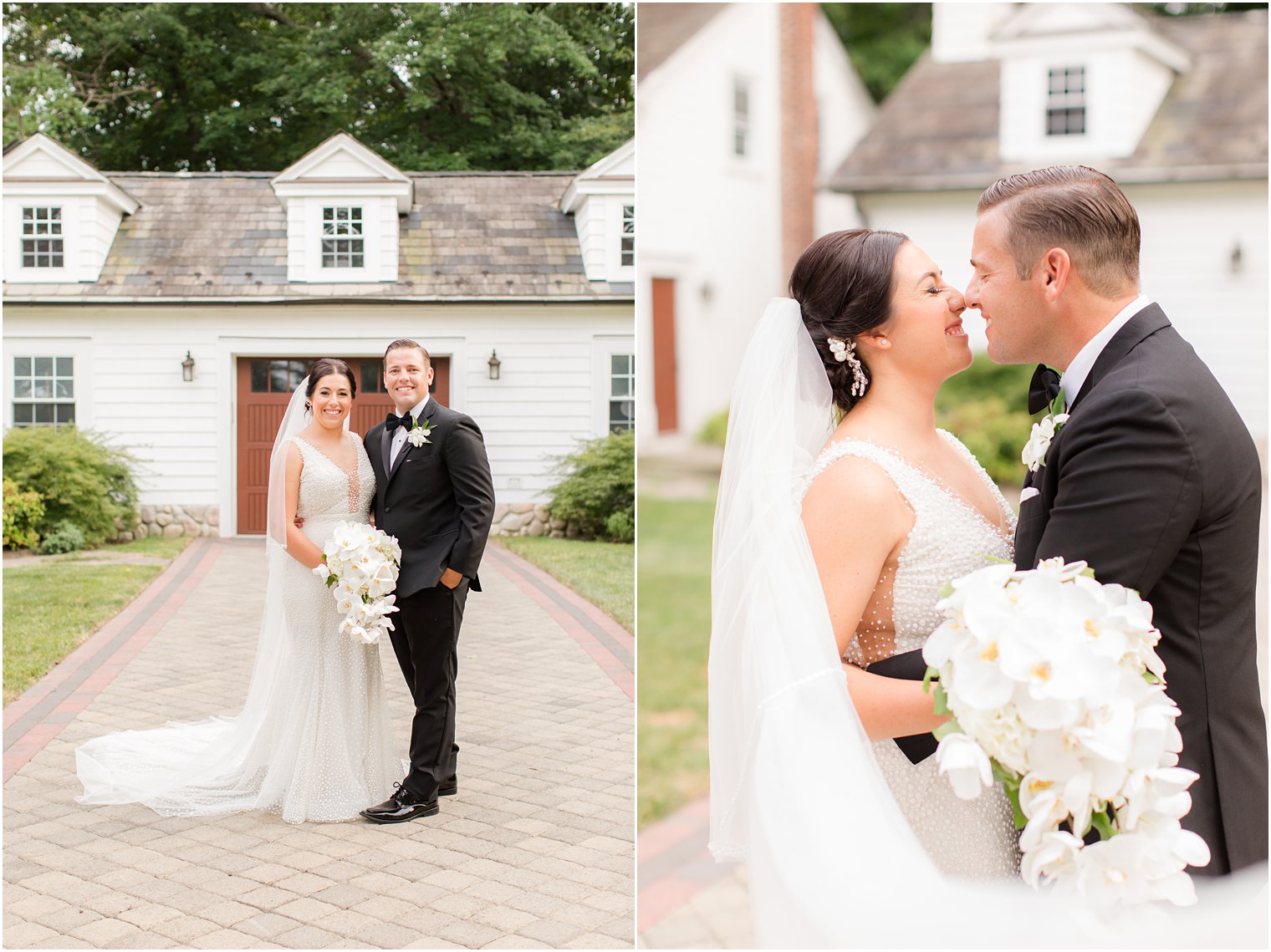 bride and groom kiss on sidewalk at The English Manor
