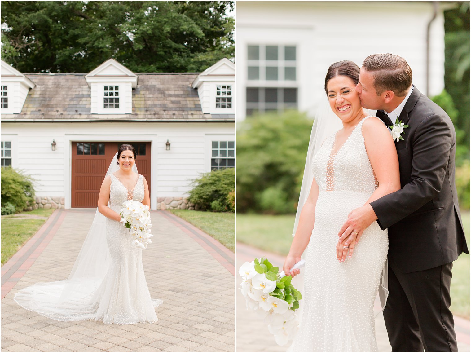 groom kisses bride during NJ wedding photos at The English Manor