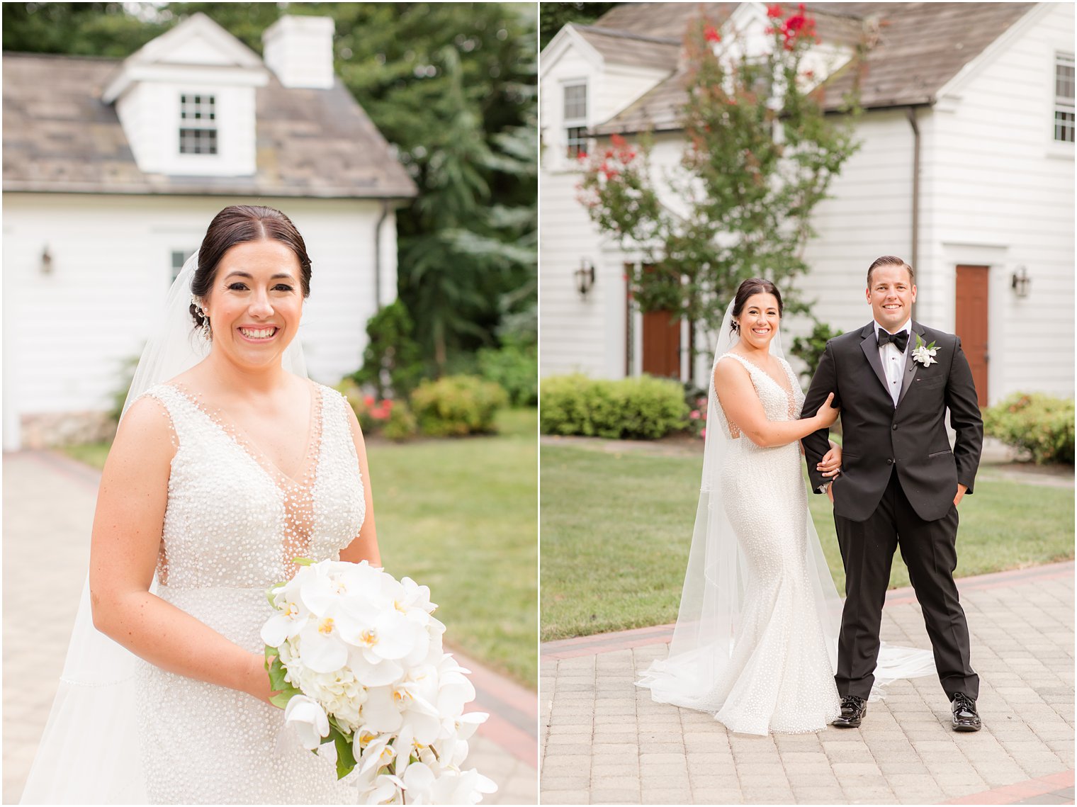 bride and groom pose on sidewalk photographed by Ocean Township NJ wedding photographer Idalia Photography