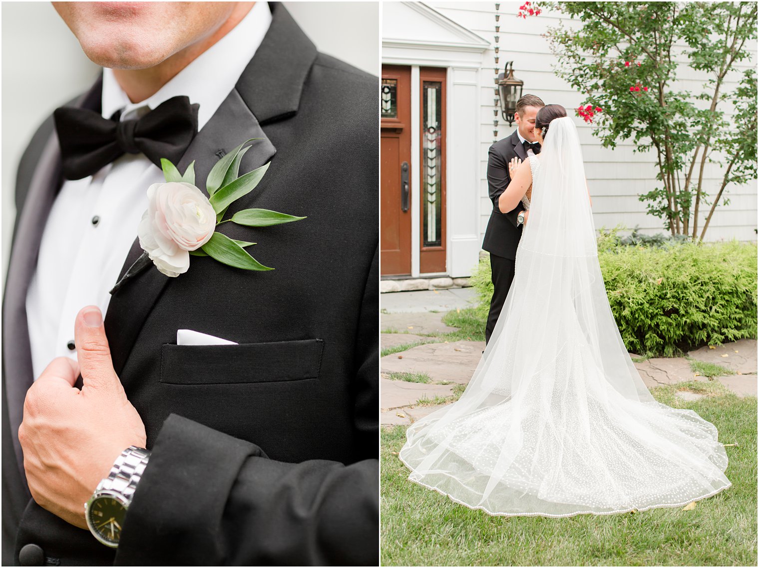 groom holds lapel of tux during NJ wedding photos
