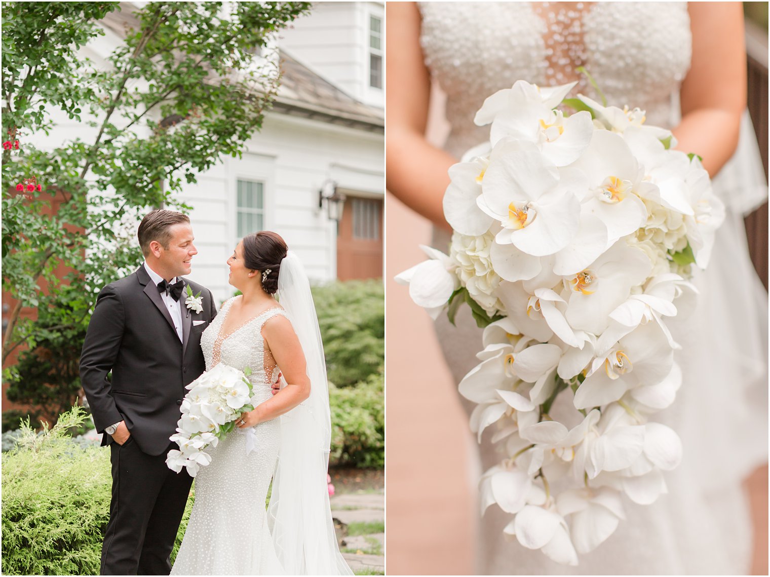 bride holds cascading bouquet of white flowers