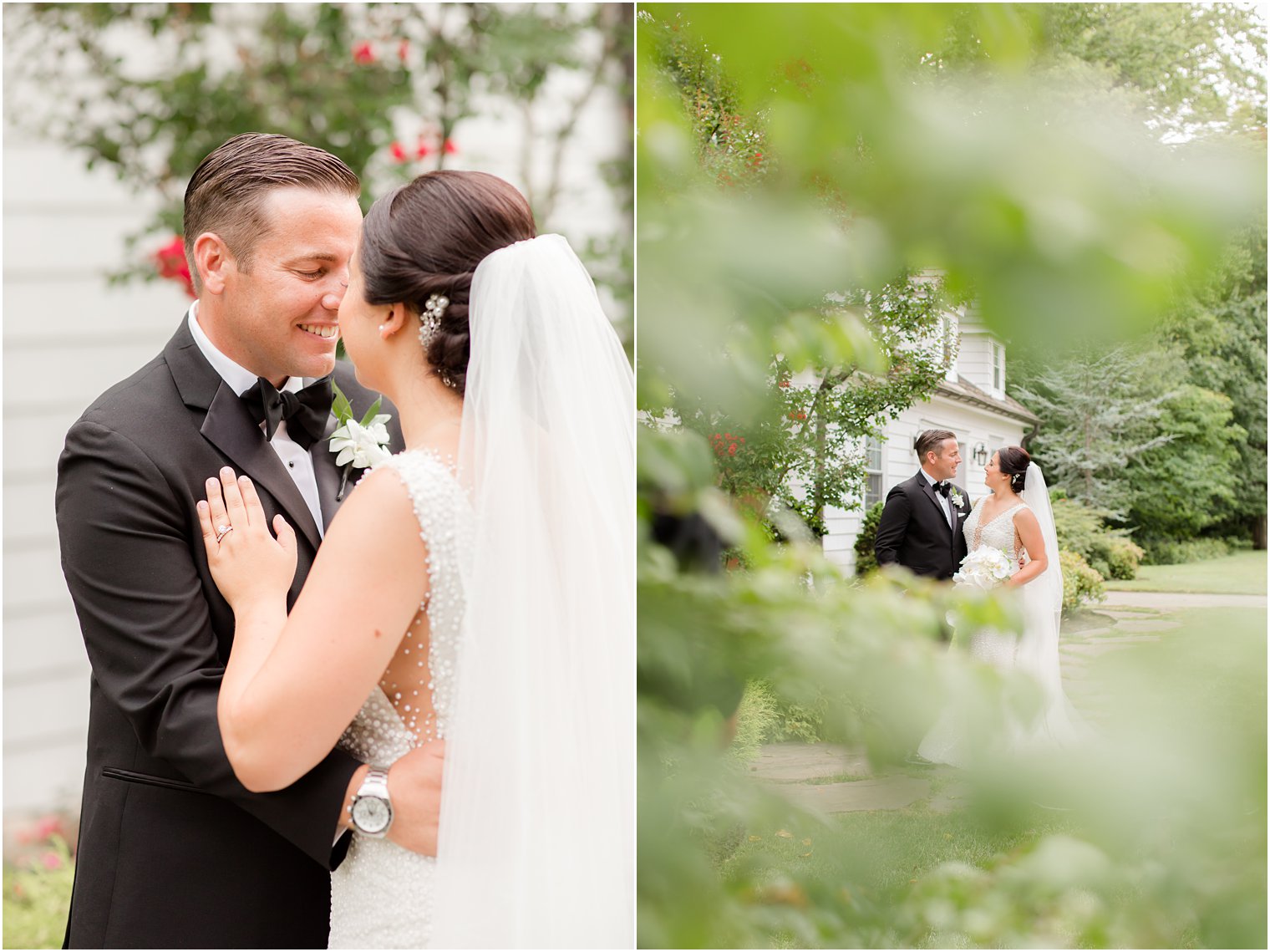 bride and groom kiss outside The English Manor