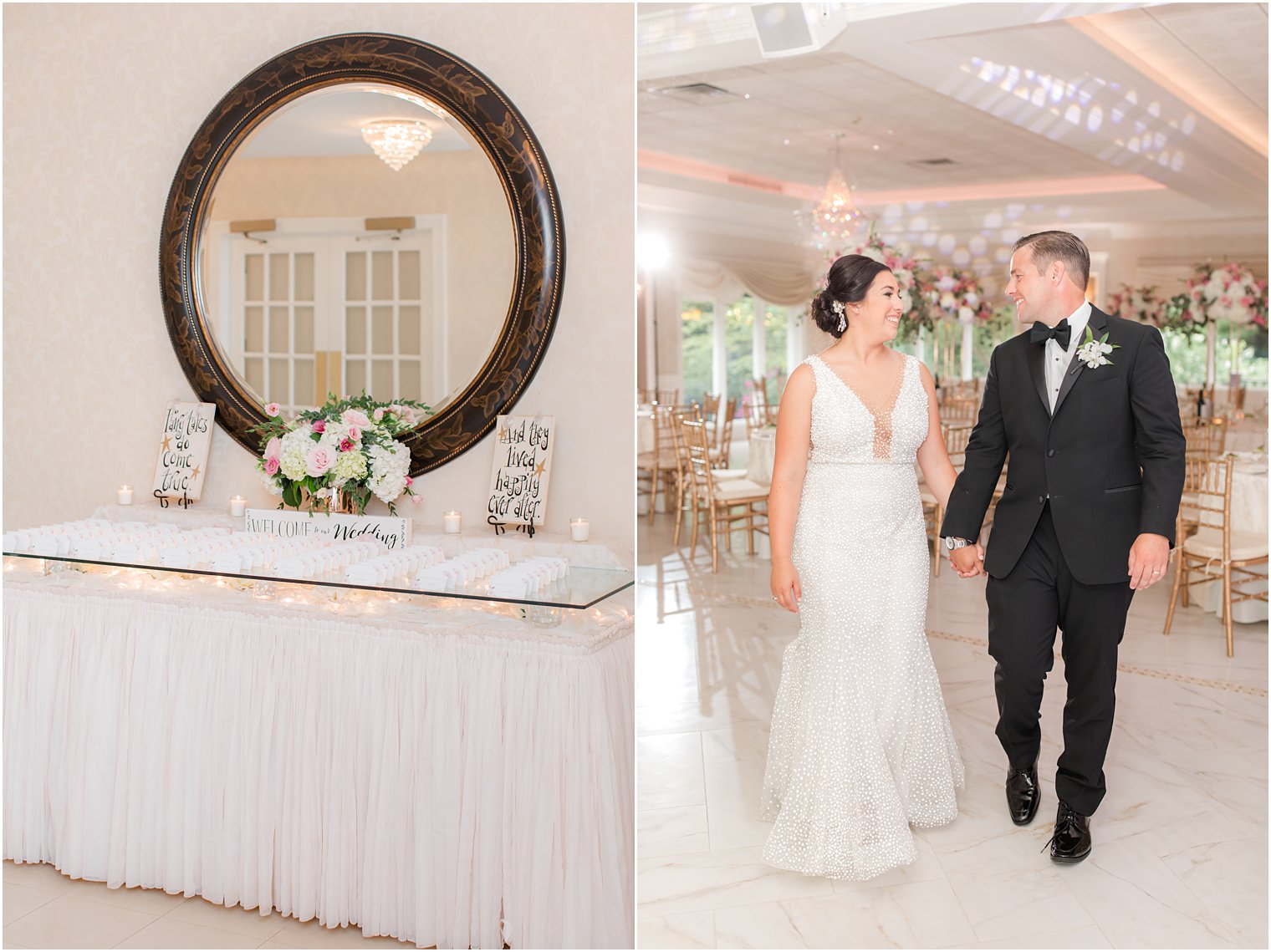 newlyweds walk through ballroom at English Manor