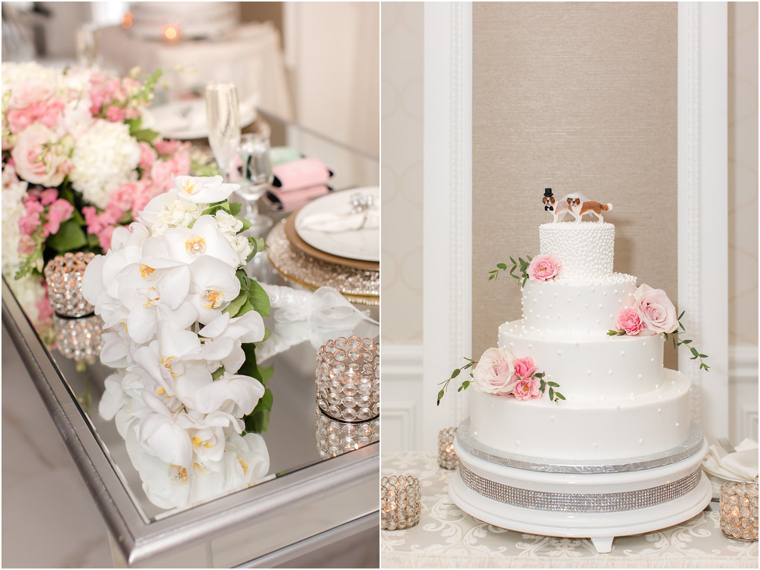 pink and white floral details for wedding reception